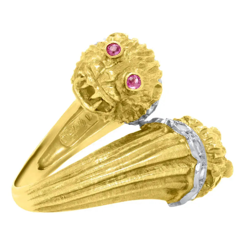 18K Yellow Gold Diamond Pink Sapphire Lion Ring