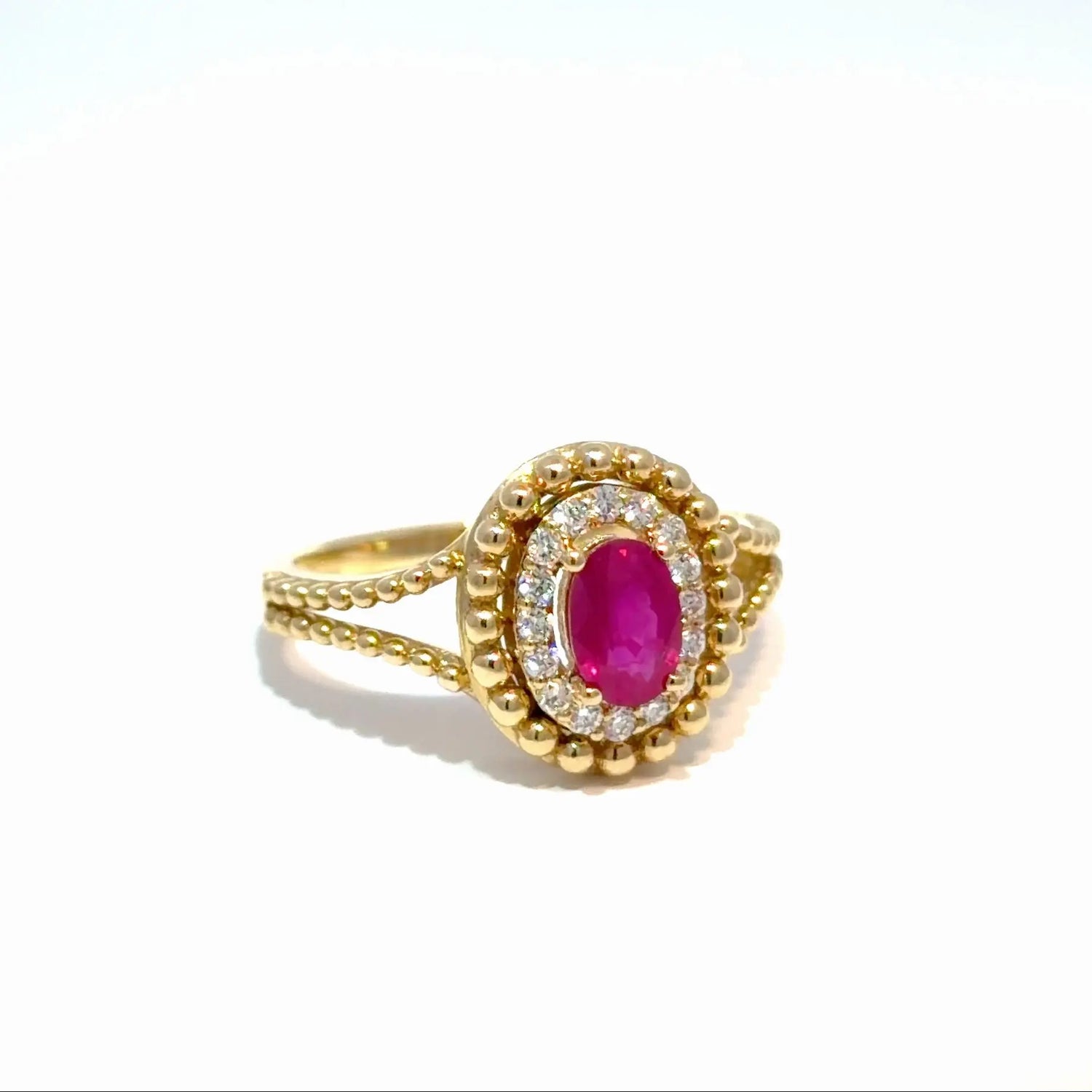 14K Yellow Gold Ruby Diamond Halo Ring