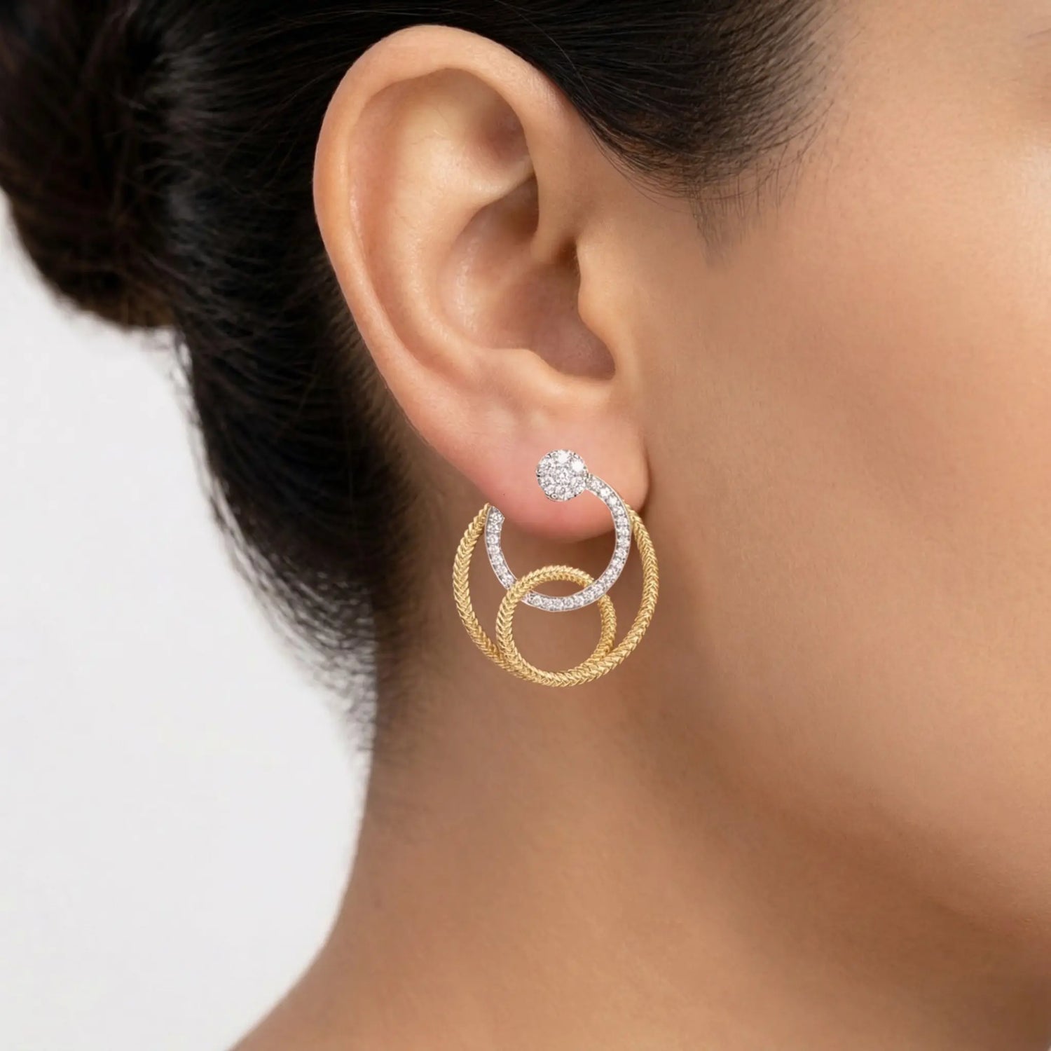 14K Two Tone Diamond Fancy Wire Circle Earrings