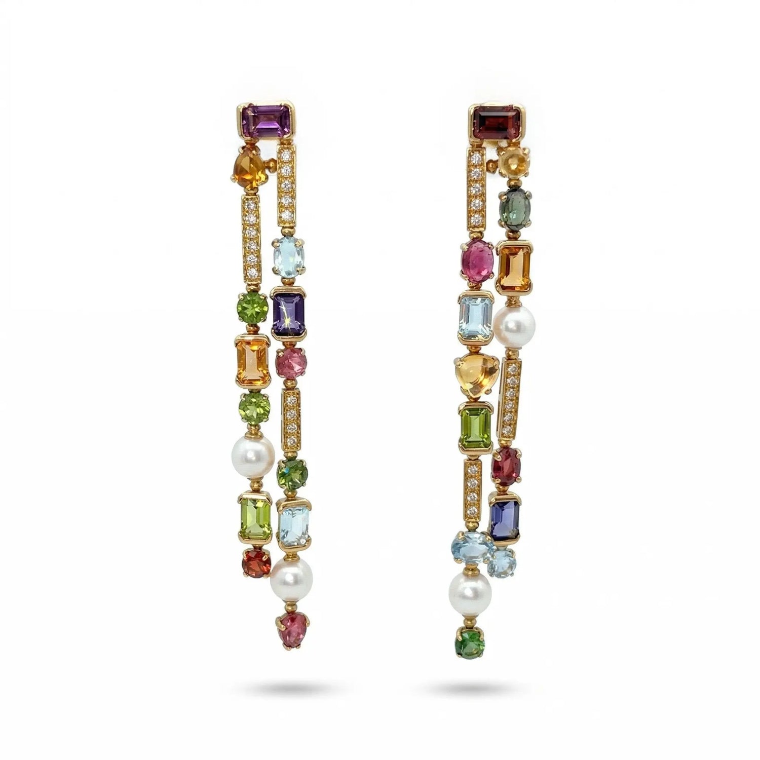18K Yellow Gold Multicolored Gemstone Dangle Earrings