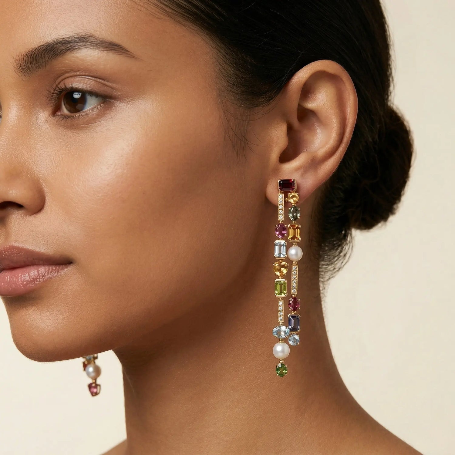 18K Yellow Gold Multicolored Gemstone Dangle Earrings