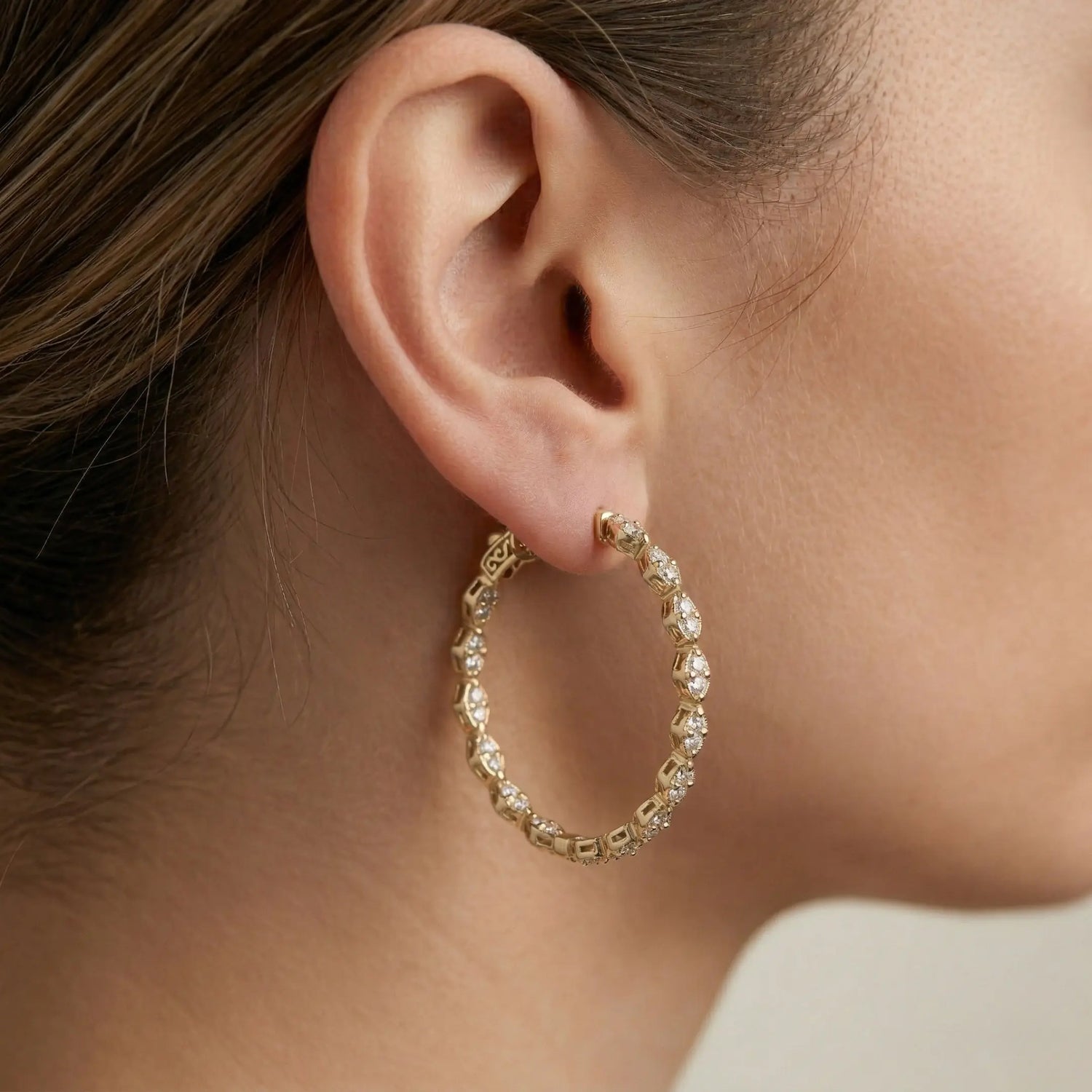 14K Yellow Gold Diamond Marquise Illusion Hoop Earrings