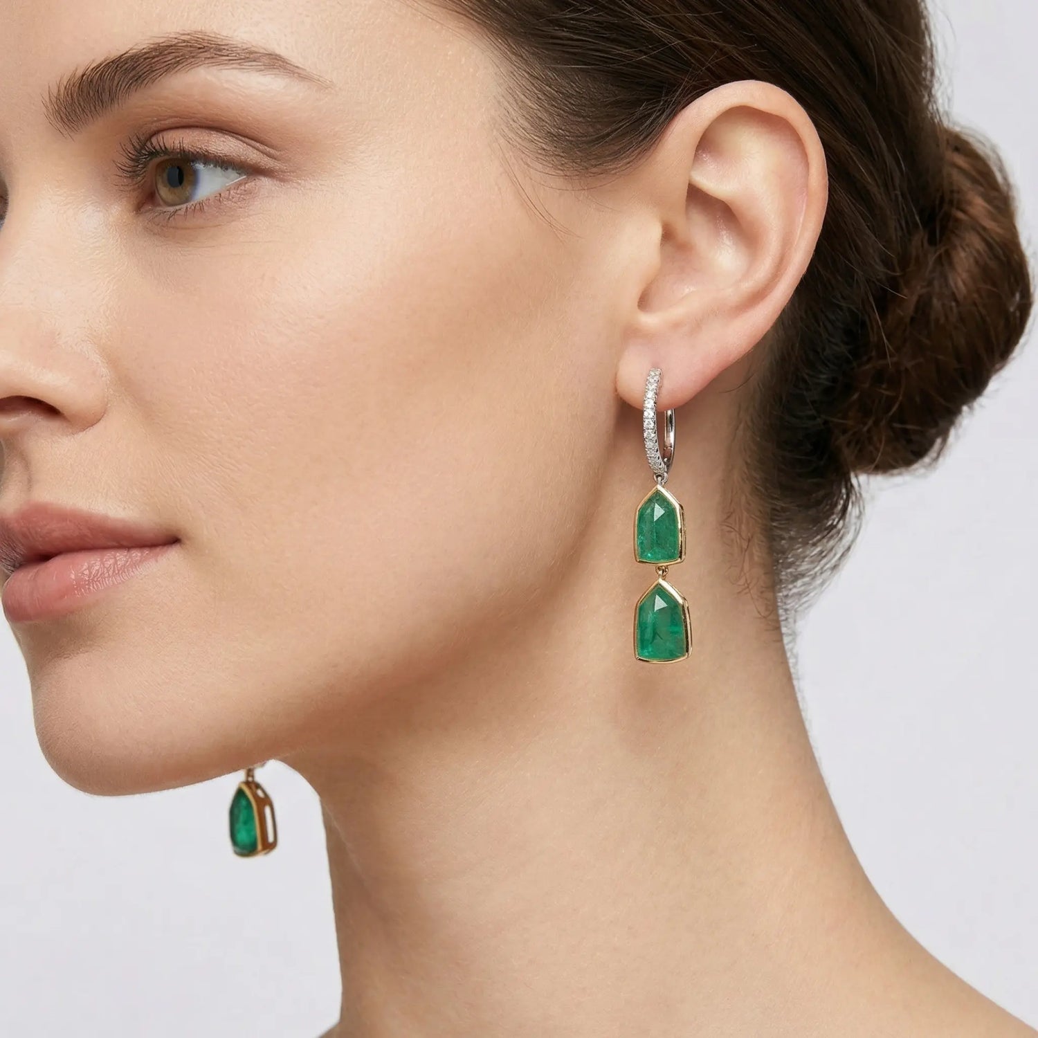 18K Two-Tone Gold Emerald Cabochon Diamond Drop Earrings