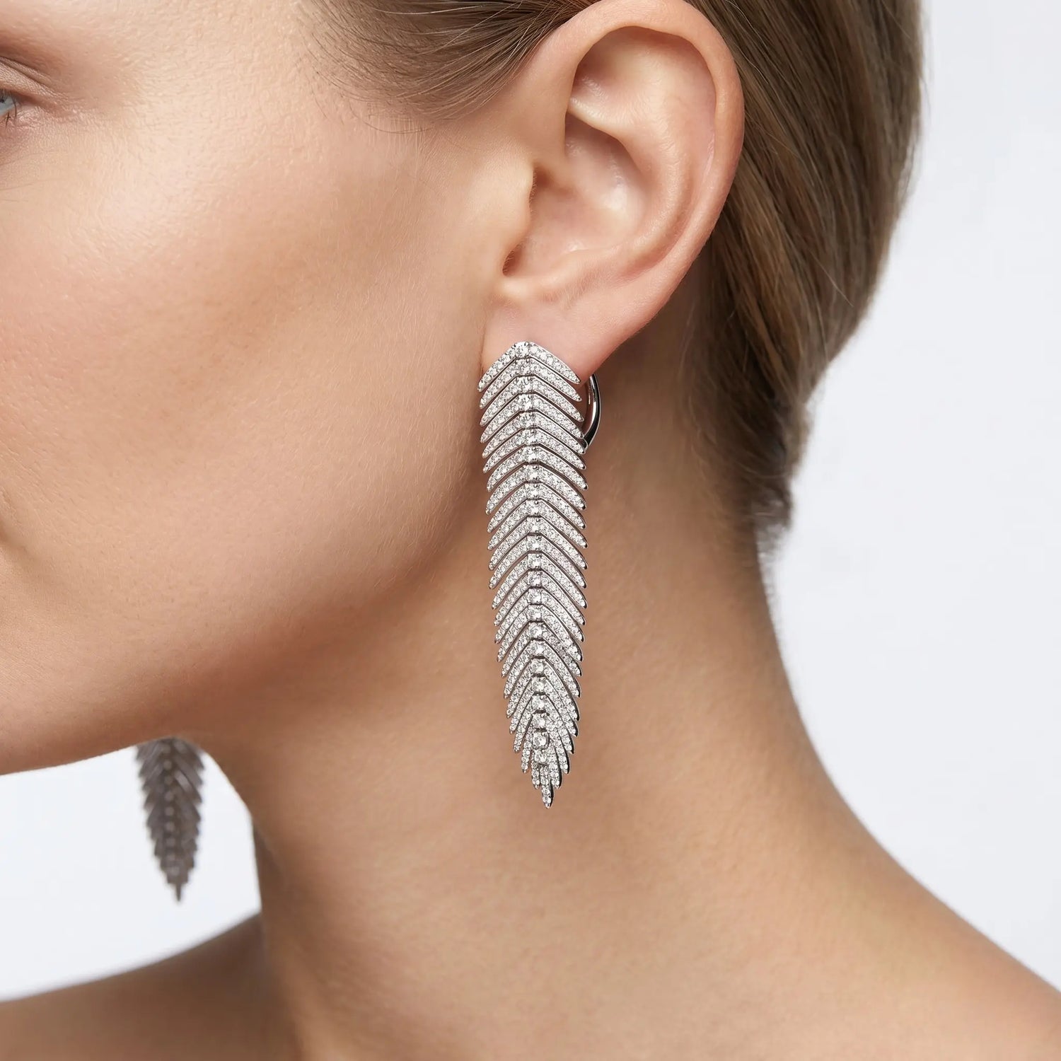 18K White Gold Diamond Feather Dangle Earrings – 4.76ctw