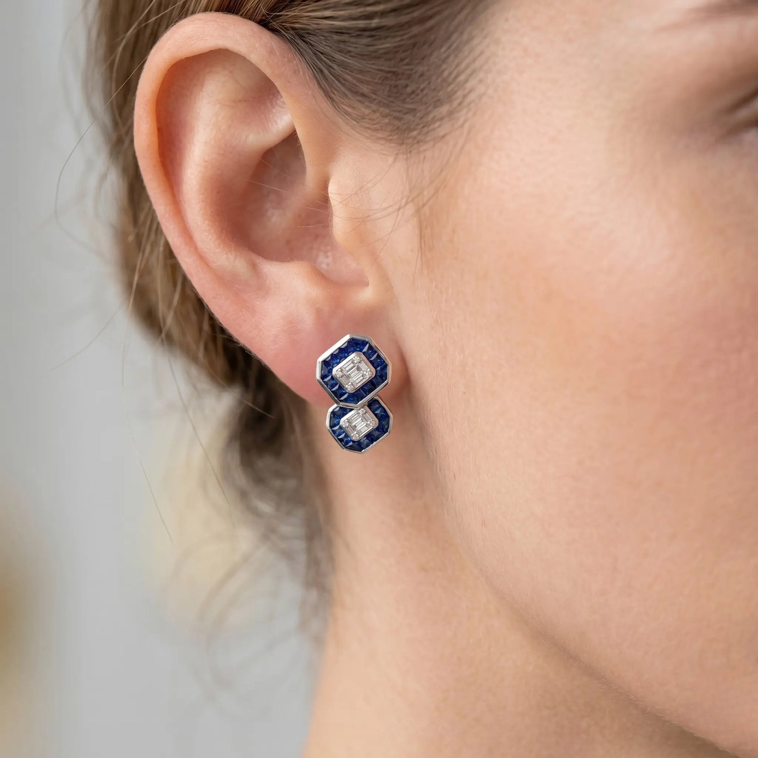 14K White Gold Sapphire & Diamond Double Halo Stud Earrings – 3.80ctw