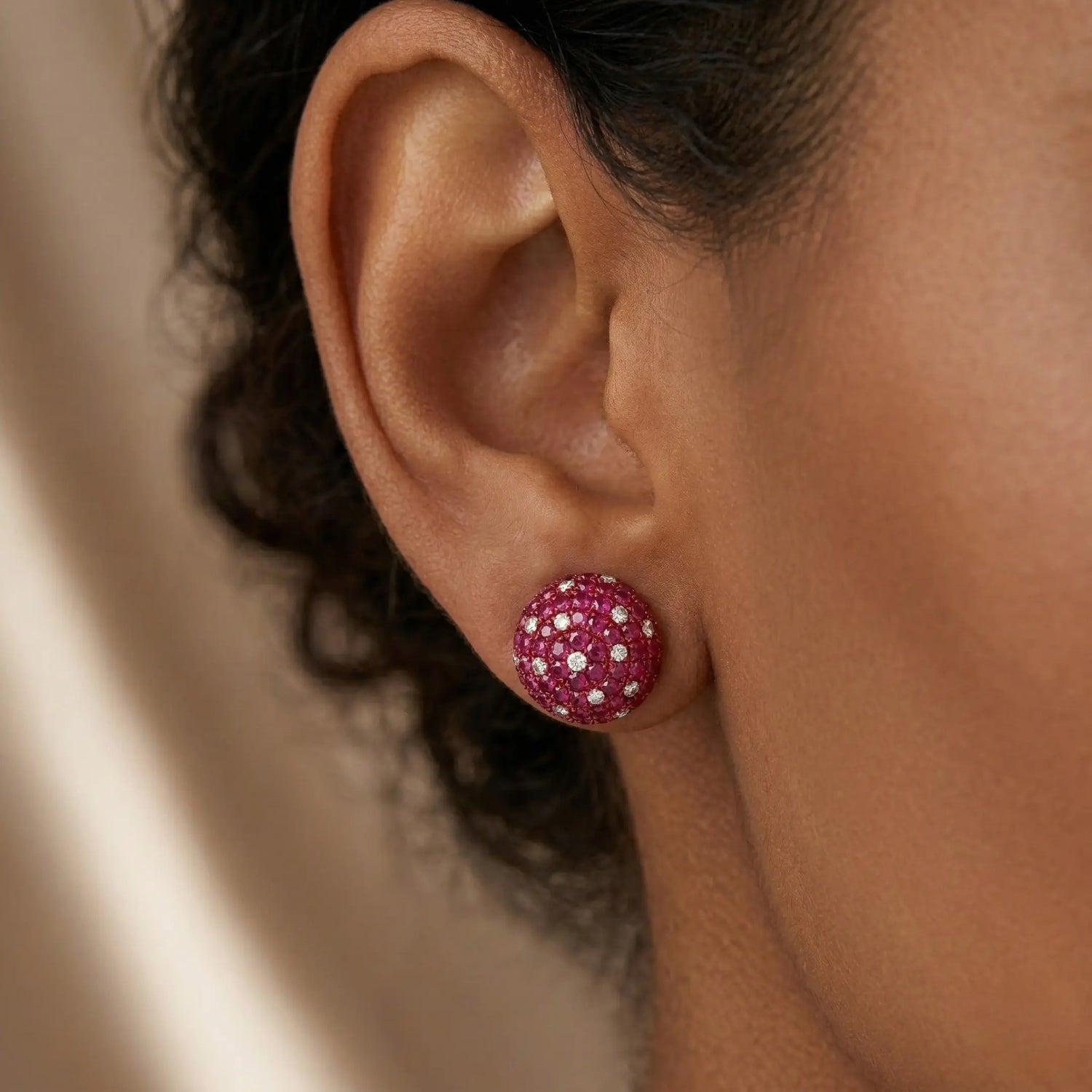 14K White Gold Ruby Sapphire Diamond Dome Stud Earrings