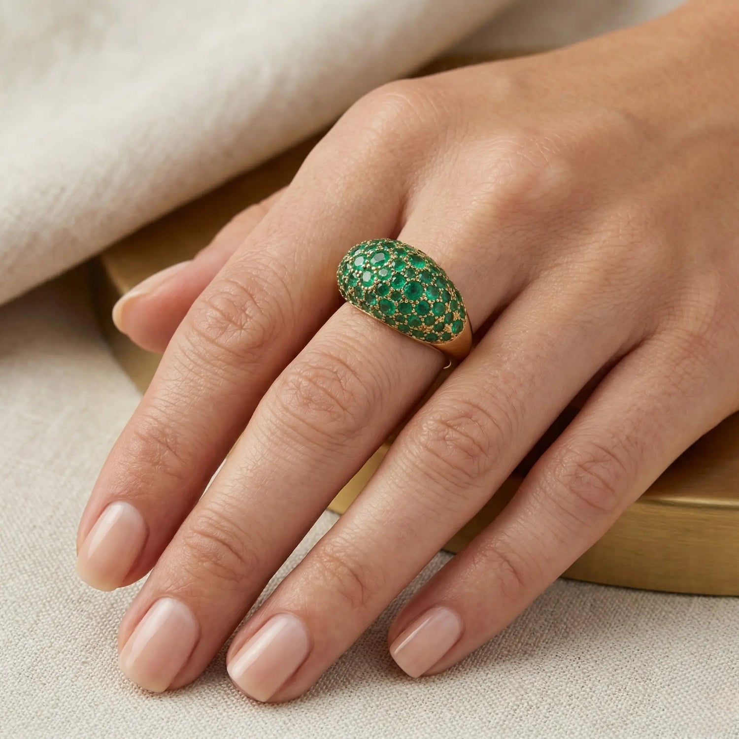 18K Yellow Gold Emerald Pave Dome Ring