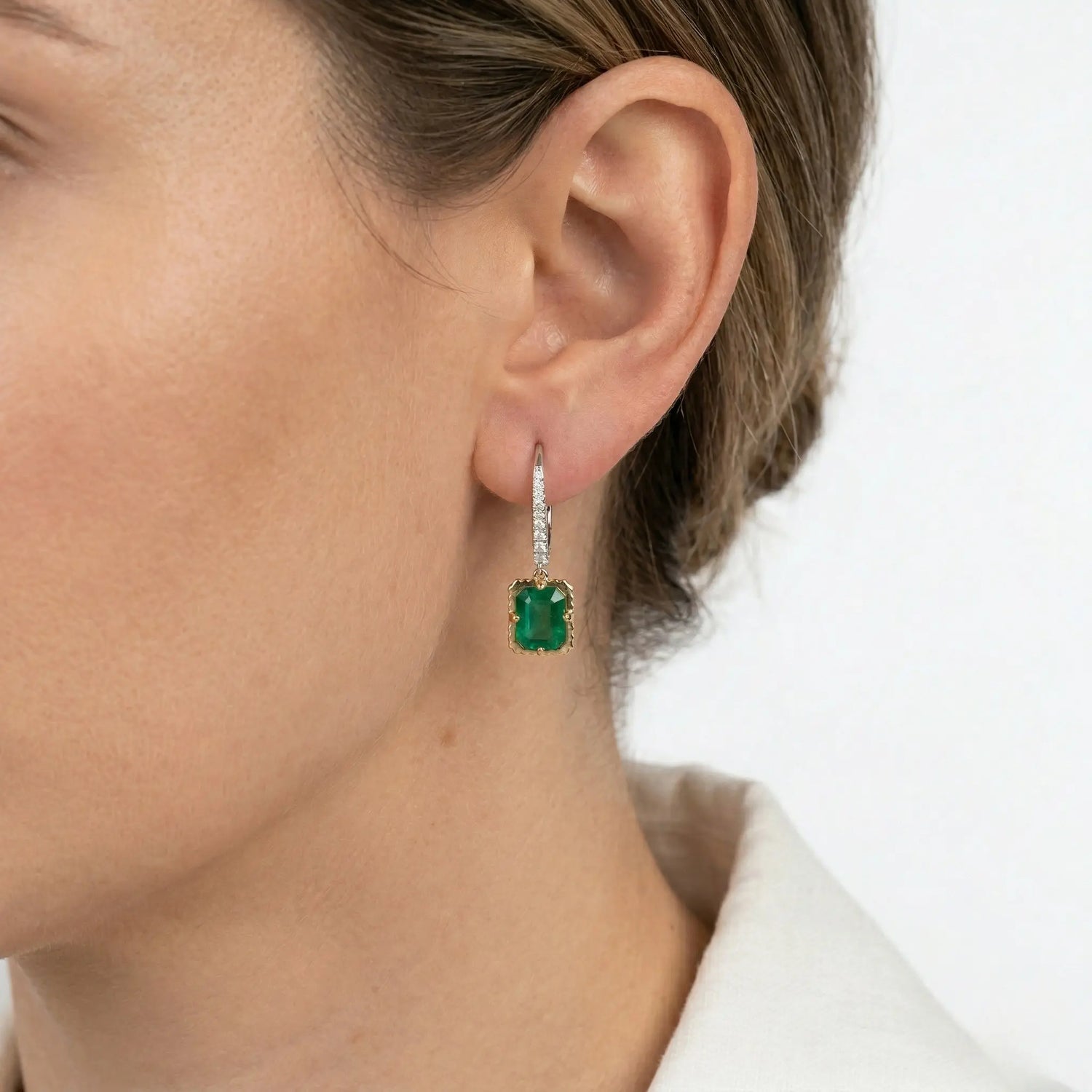 18K Two-Tone Gold Emerald Diamond Drop Dangle Earrings