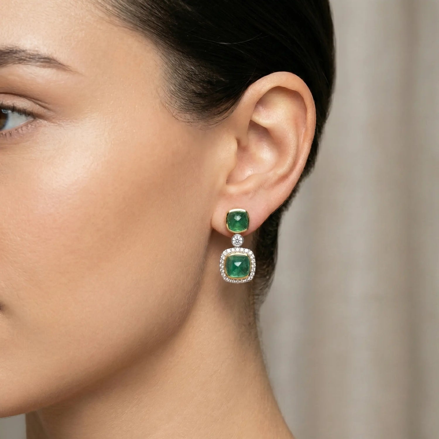 18K Two-Tone Gold Sugarloaf Emerald Diamond Drop Earrings