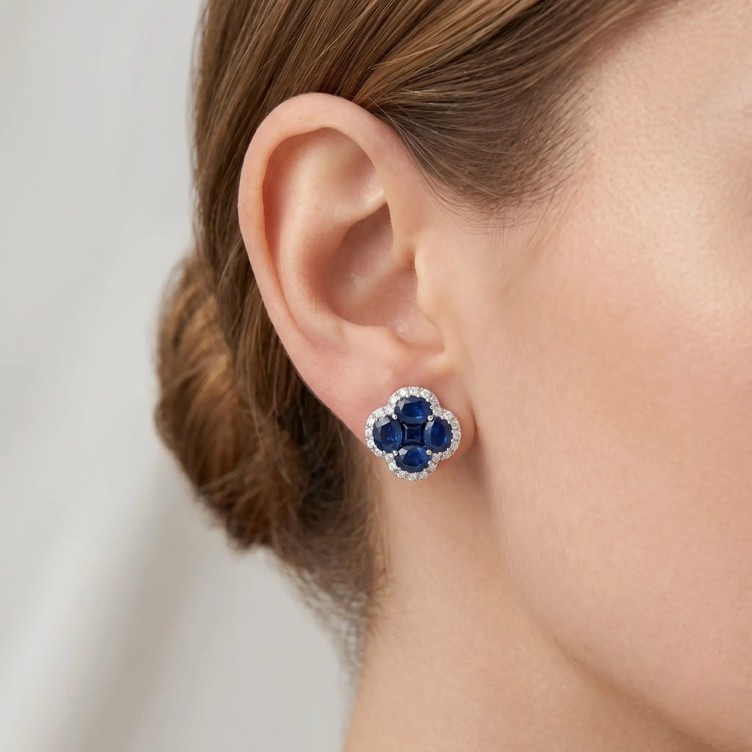 14K White Gold Sapphire & Diamond Clover Stud Earrings – 4.20ctw