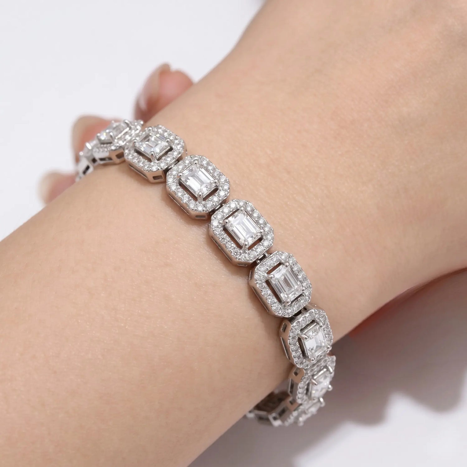 14K White Gold Emerald Cut Diamond Halo Tennis Bracelet – 7.40ctw