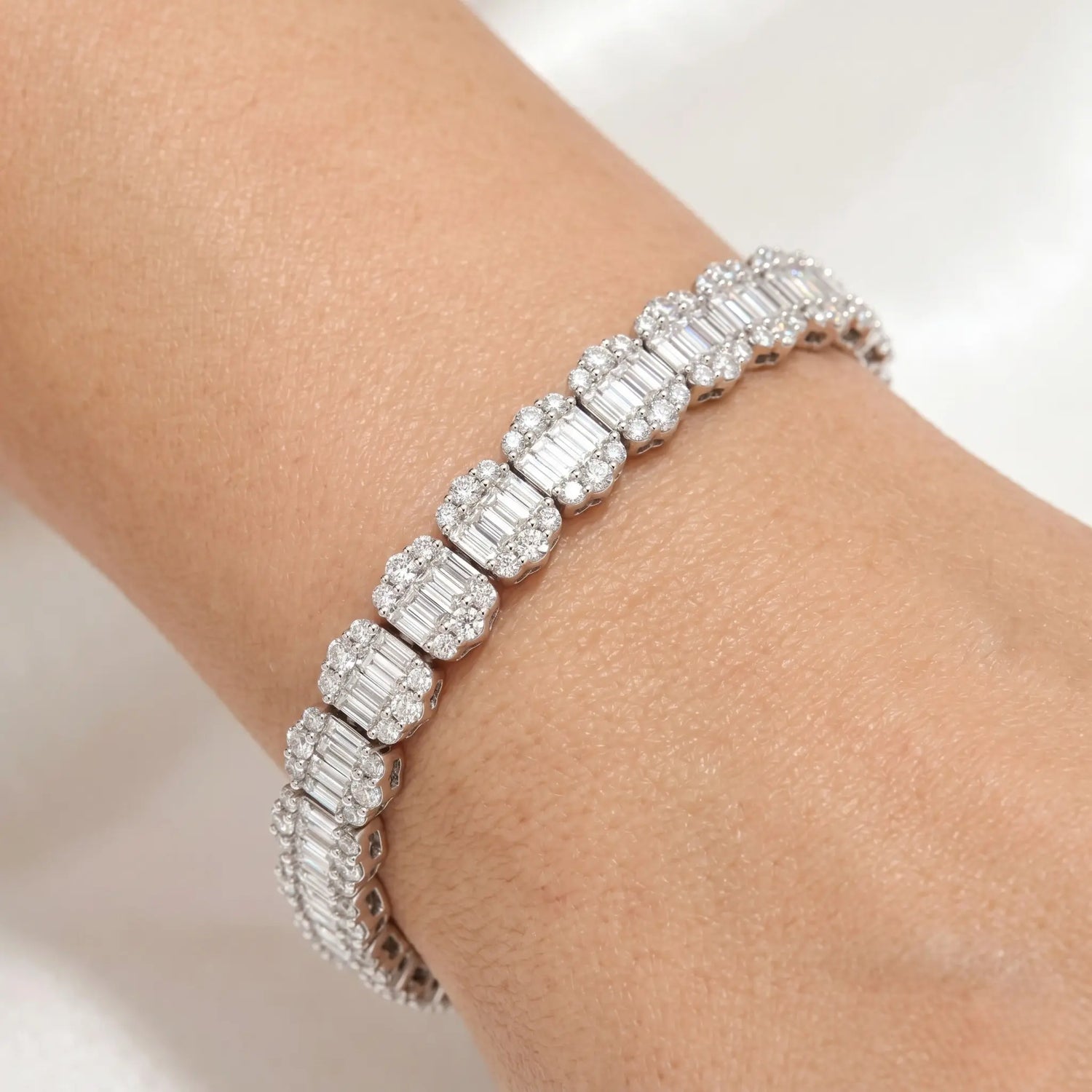 18K White Gold Diamond Cluster Halo Tennis Bracelet – 10.18ctw