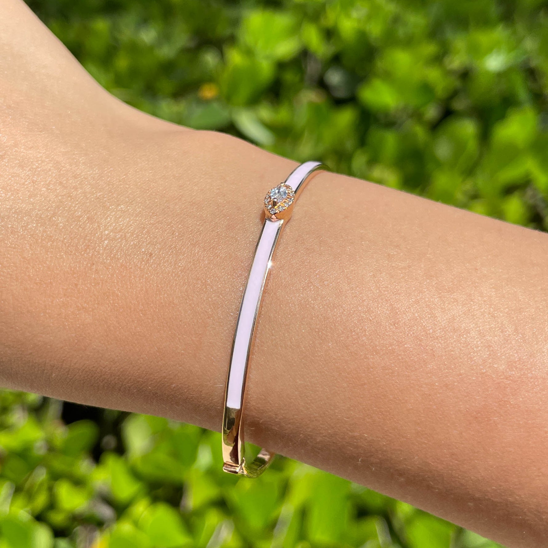 JAY FEDER 18K ROSE GOLD DIAMOND PINK ENAMEL BANGLE BRACELET