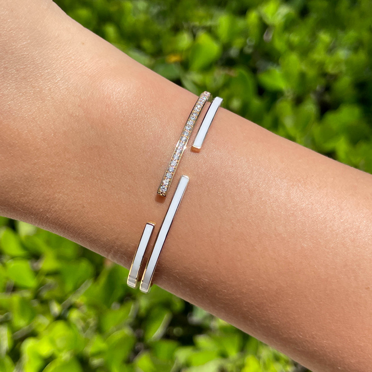 JAY FEDER 18K ROSE GOLD DIAMOND WHITE ENAMEL DOUBLE ROW BANGLE BRACELE…