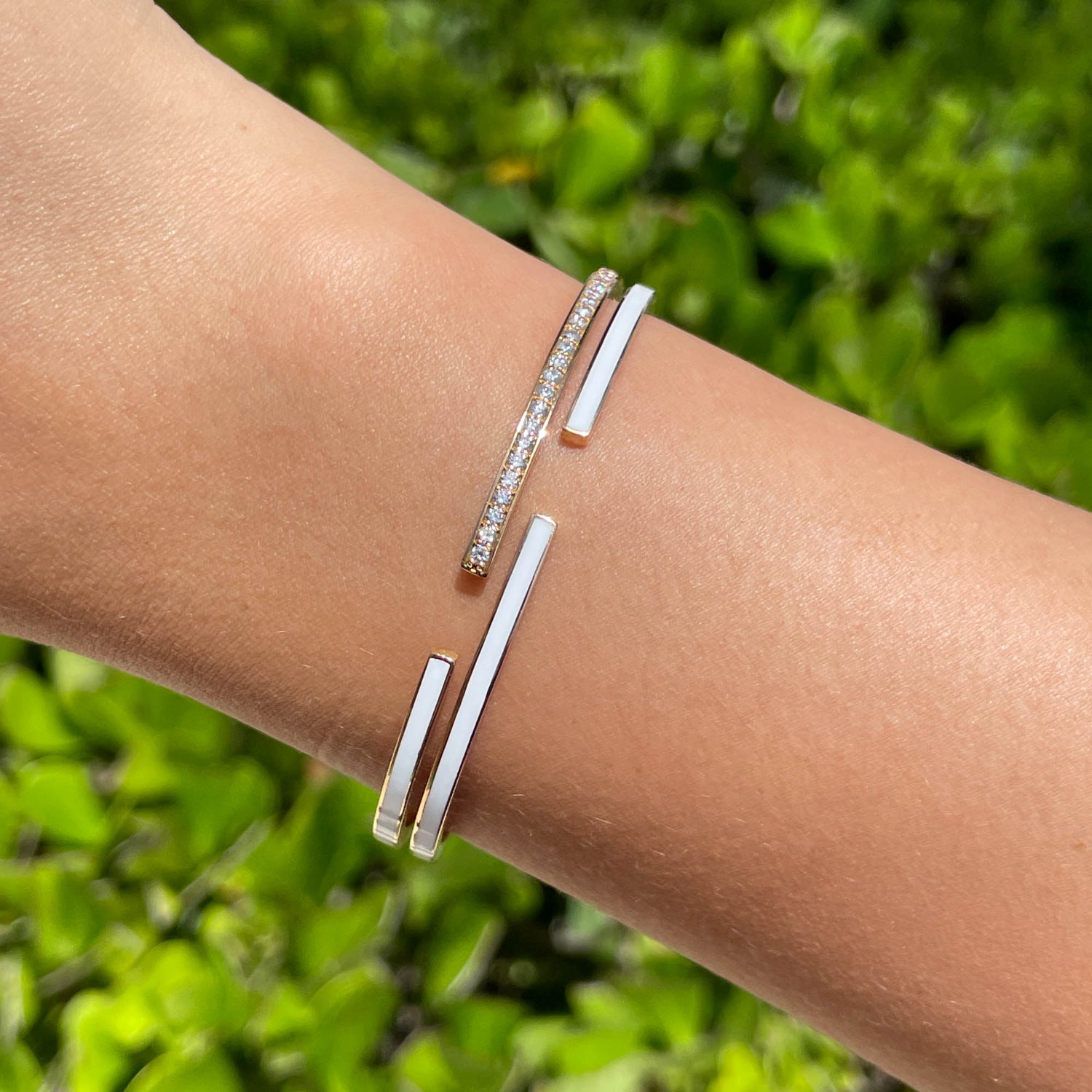 JAY FEDER 18K ROSE GOLD DIAMOND WHITE ENAMEL DOUBLE ROW BANGLE BRACELE…