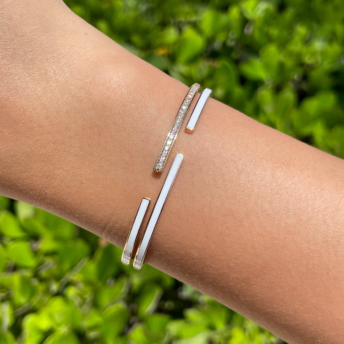 JAY FEDER 18K ROSE GOLD DIAMOND WHITE ENAMEL DOUBLE ROW BANGLE BRACELE…