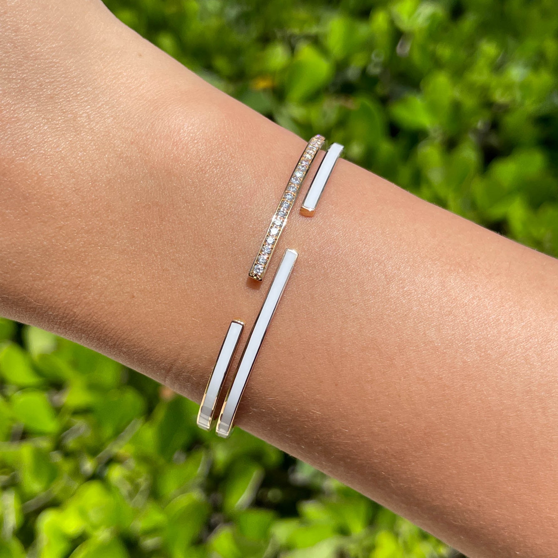 JAY FEDER 18K ROSE GOLD DIAMOND WHITE ENAMEL DOUBLE ROW BANGLE BRACELE…