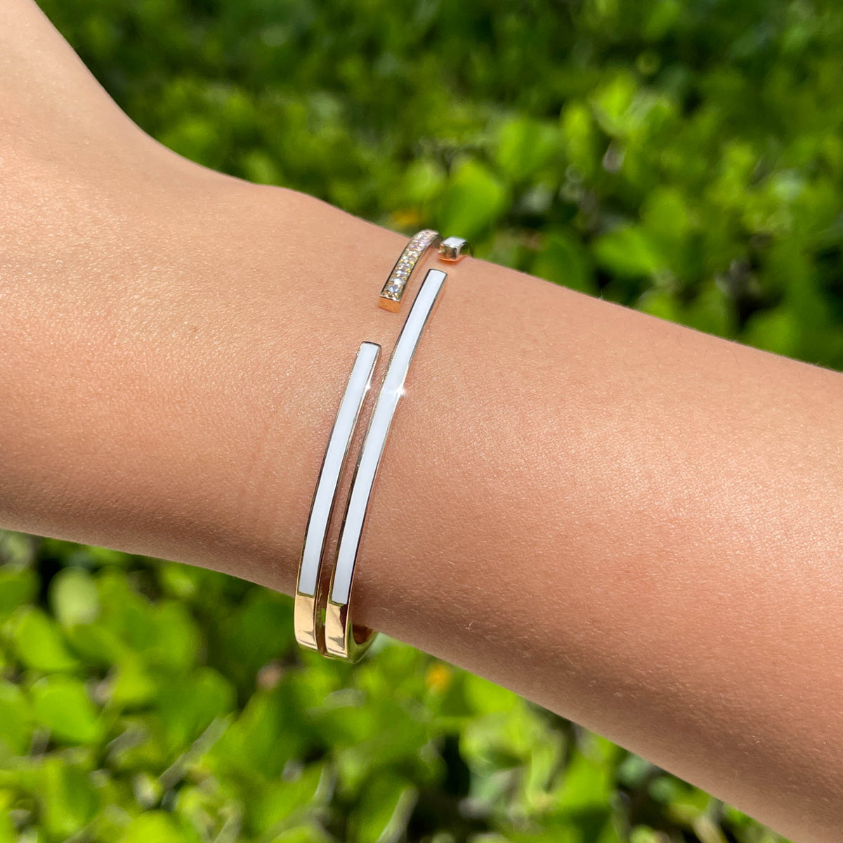 JAY FEDER 18K ROSE GOLD DIAMOND WHITE ENAMEL DOUBLE ROW BANGLE BRACELE…