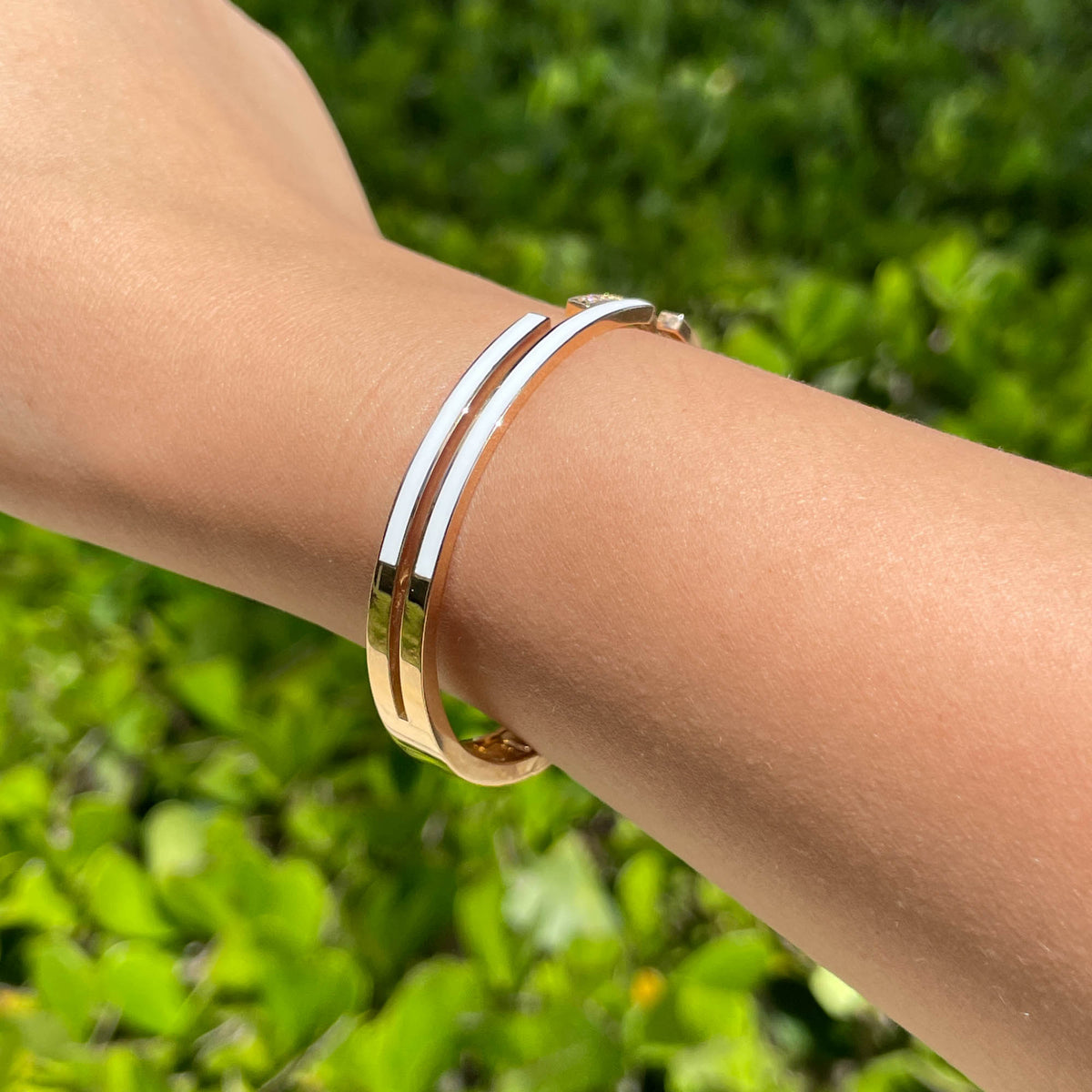 JAY FEDER 18K ROSE GOLD DIAMOND WHITE ENAMEL DOUBLE ROW BANGLE BRACELE…