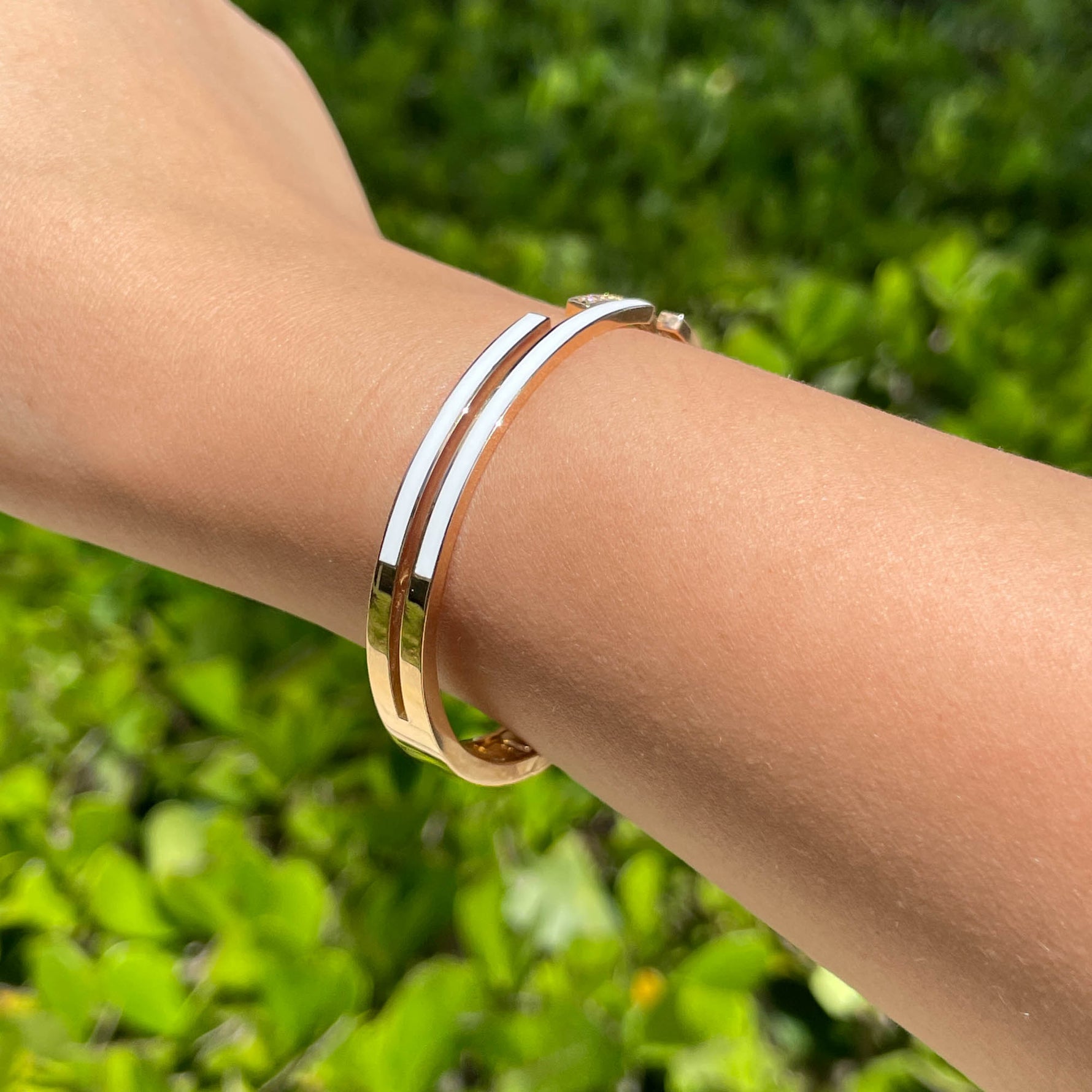 JAY FEDER 18K ROSE GOLD DIAMOND WHITE ENAMEL DOUBLE ROW BANGLE BRACELE…