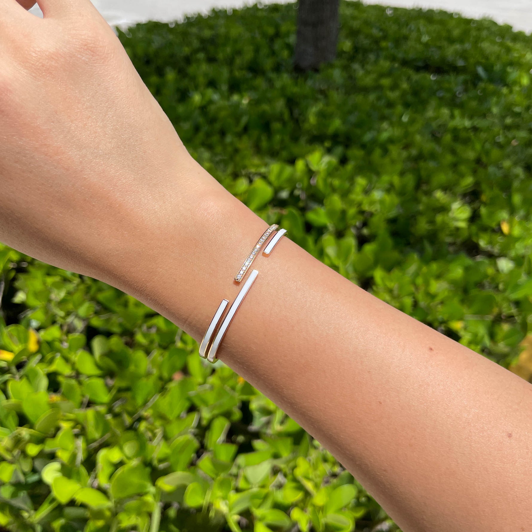 JAY FEDER 18K ROSE GOLD DIAMOND WHITE ENAMEL DOUBLE ROW BANGLE BRACELE…