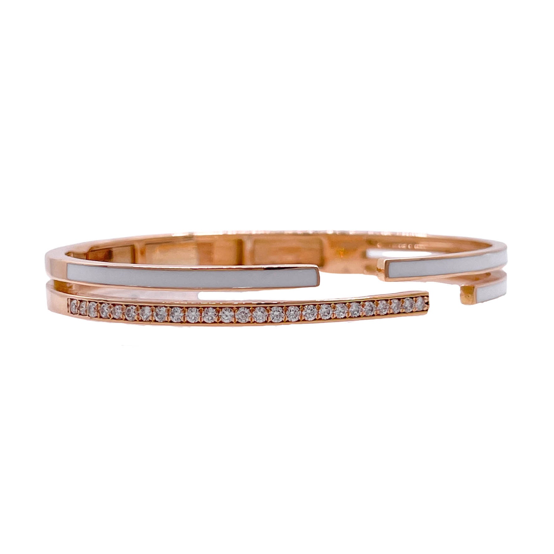 JAY FEDER 18K ROSE GOLD DIAMOND WHITE ENAMEL DOUBLE ROW BANGLE BRACELET
