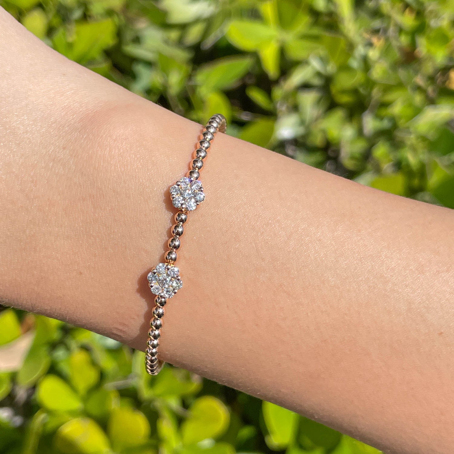 Jay Feder 18k Rose Gold Diamond 2 Flower Cluster Bangle Bracelet
