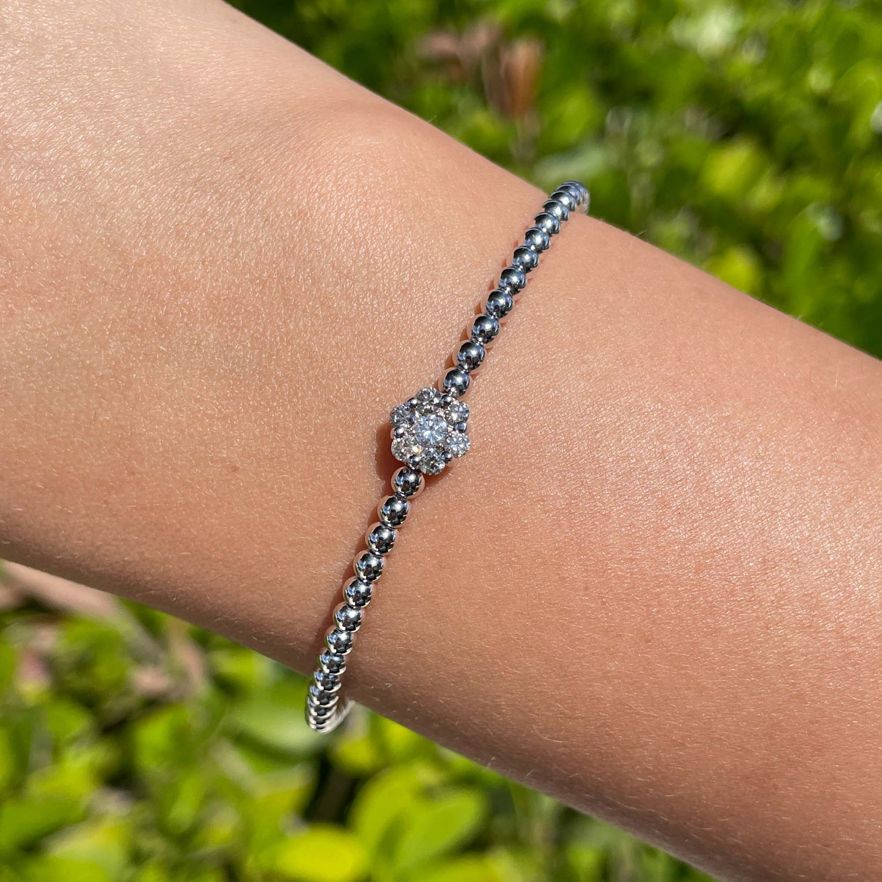 Jay Feder 18k White Gold Diamond Flower Cluster Bangle Bracelet