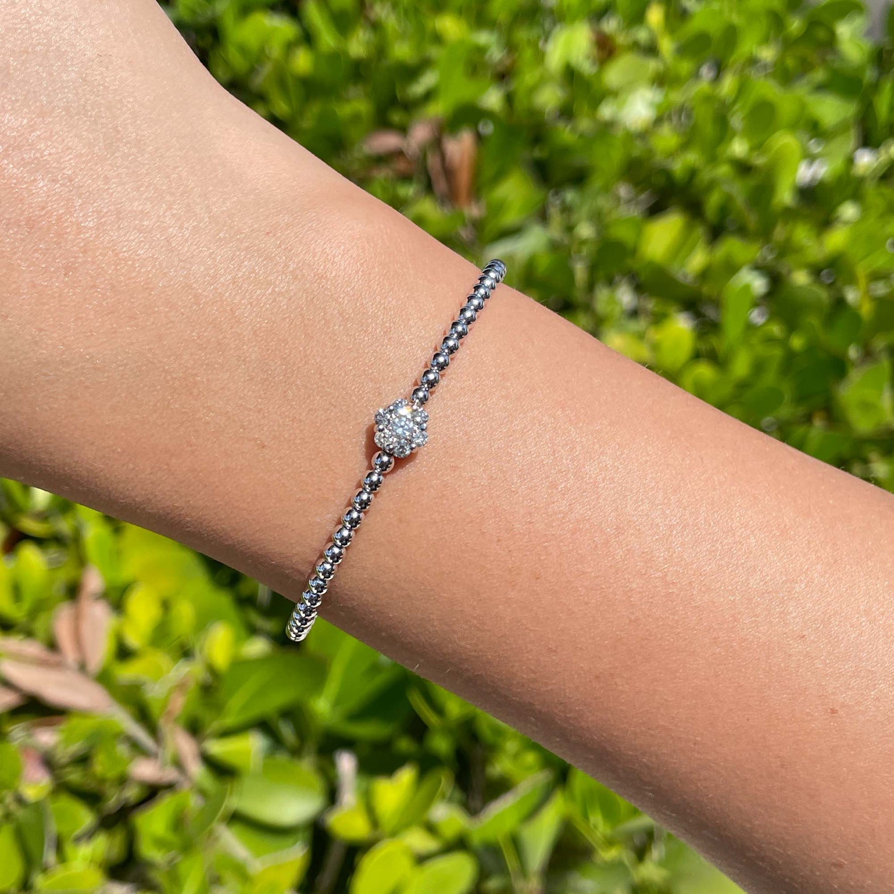 Jay Feder 18k White Gold Diamond Flower Cluster Bangle Bracelet