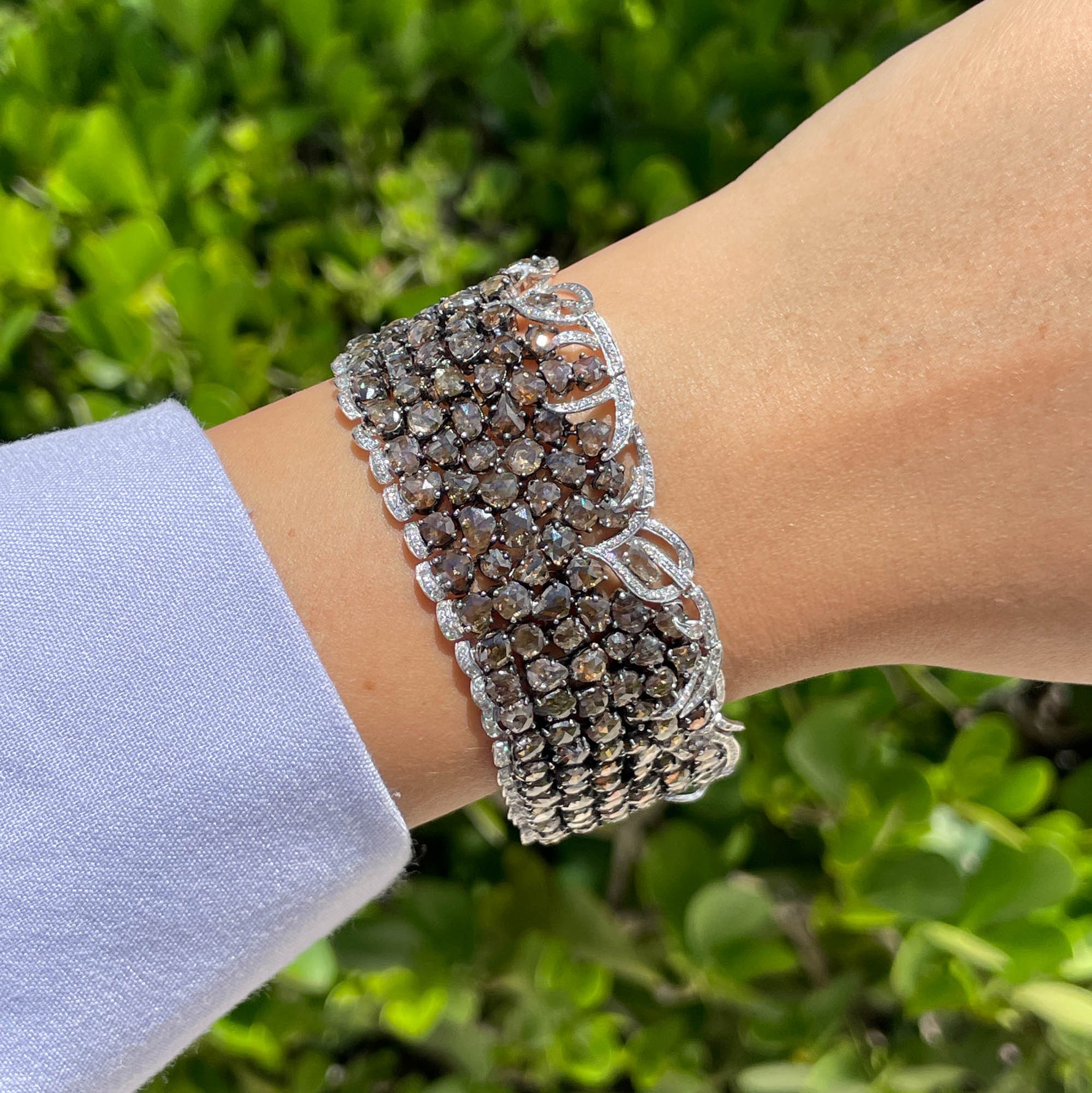 Jay Feder 18K White Gold Champagne White Diamond Wide Bracelet