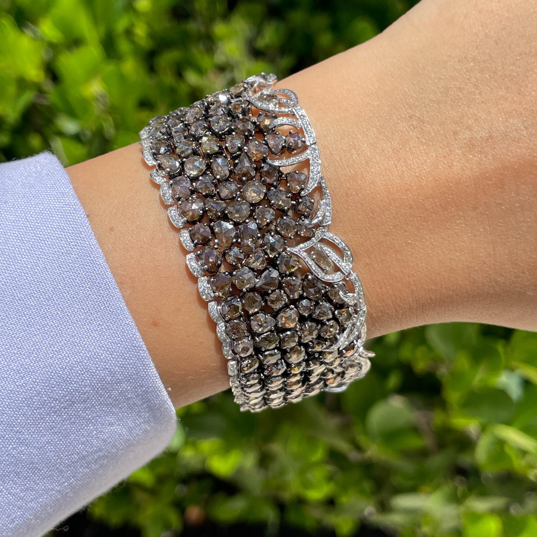 Jay Feder 18K White Gold Champagne White Diamond Wide Bracelet