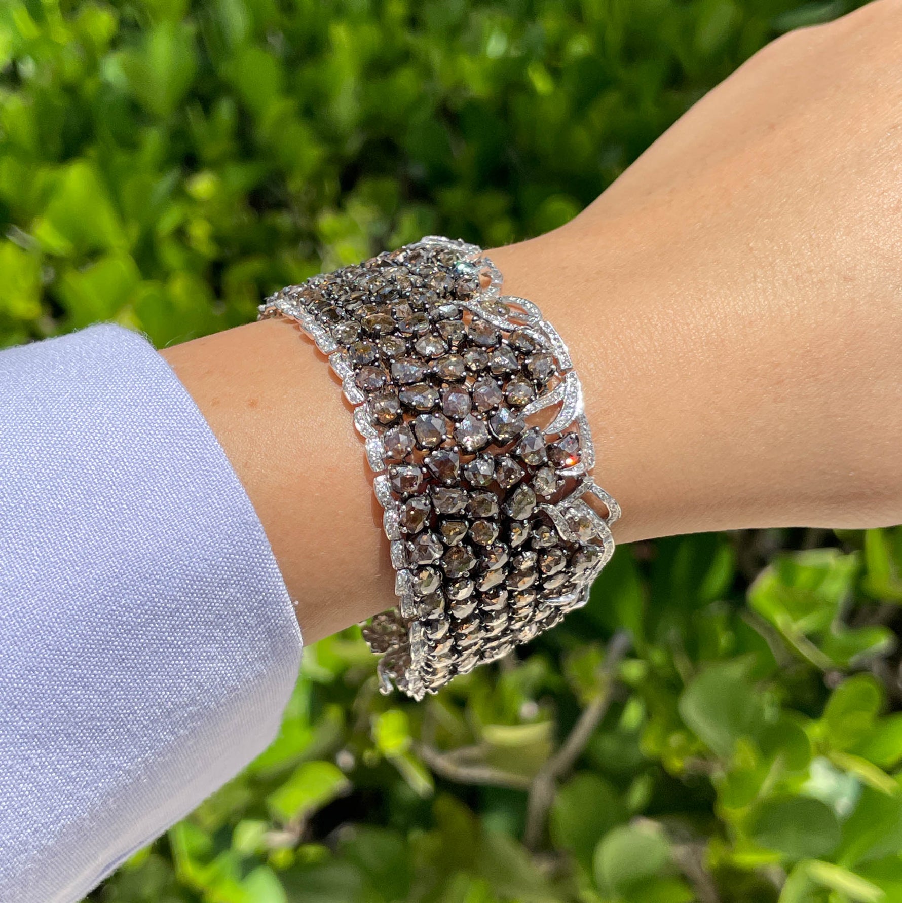 Jay Feder 18K White Gold Champagne White Diamond Wide Bracelet