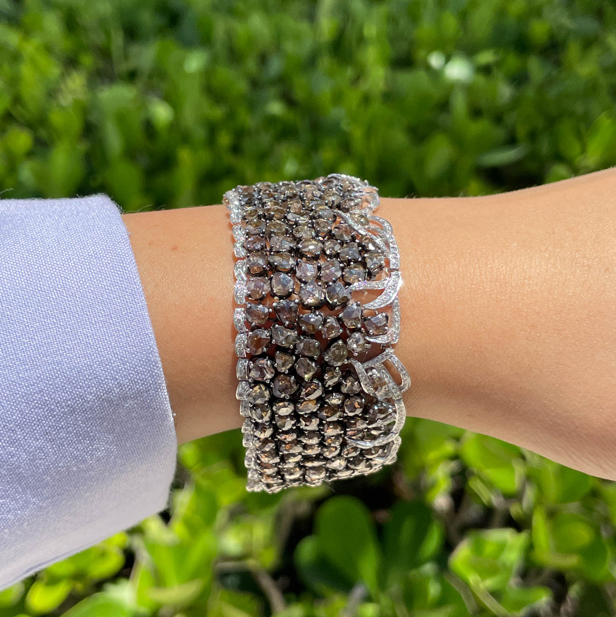 Jay Feder 18K White Gold Champagne White Diamond Wide Bracelet