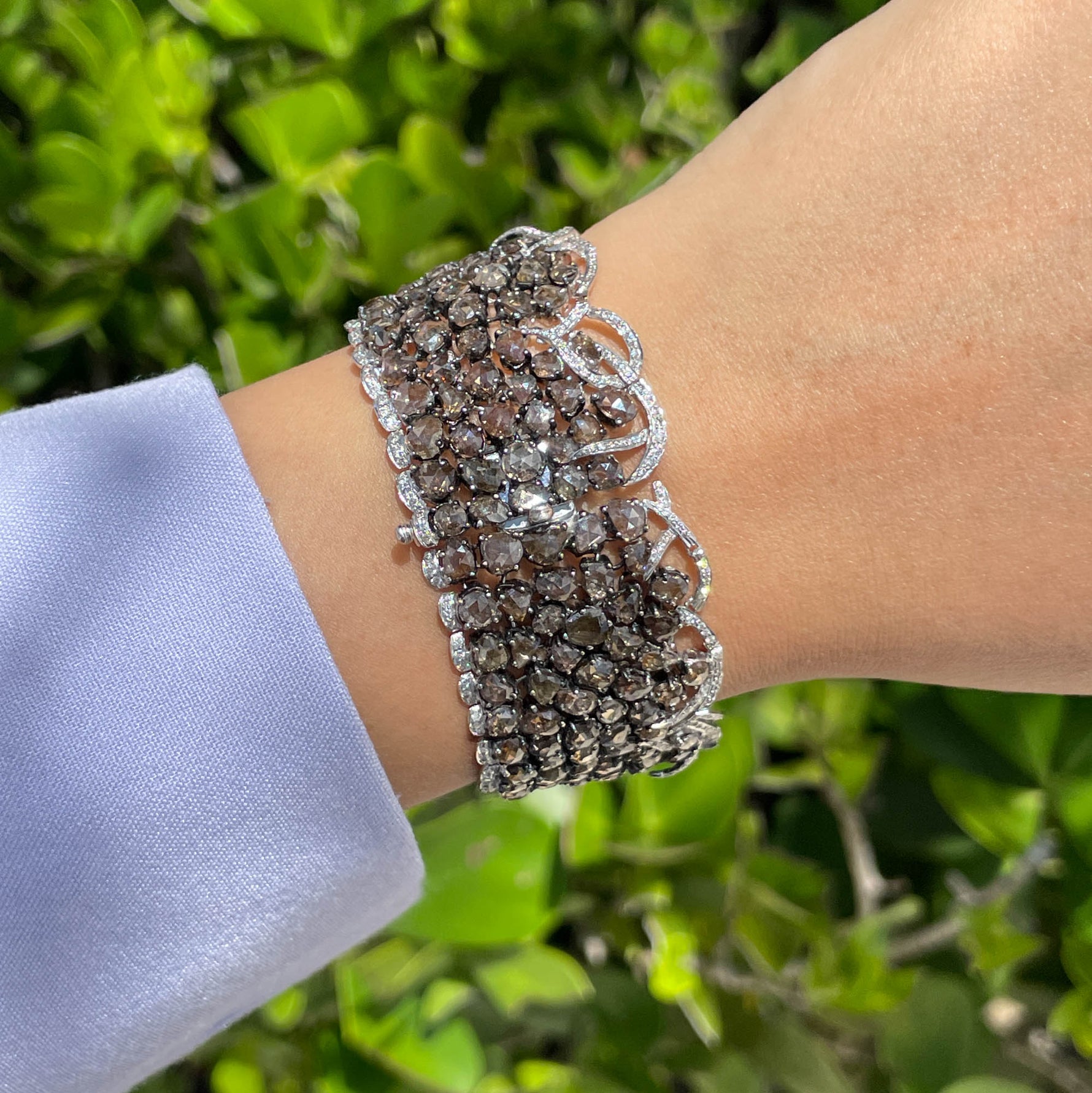 Jay Feder 18K White Gold Champagne White Diamond Wide Bracelet