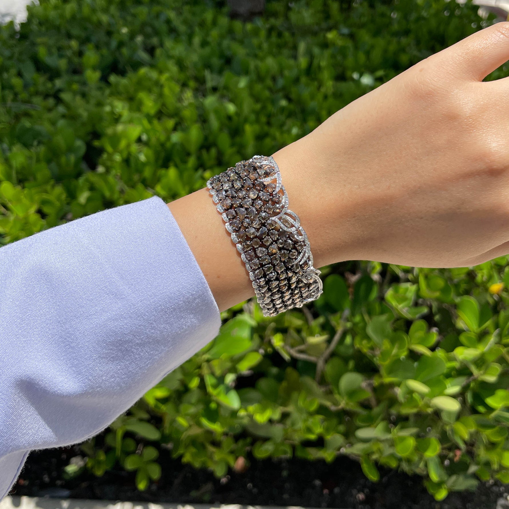 Jay Feder 18K White Gold Champagne White Diamond Wide Bracelet