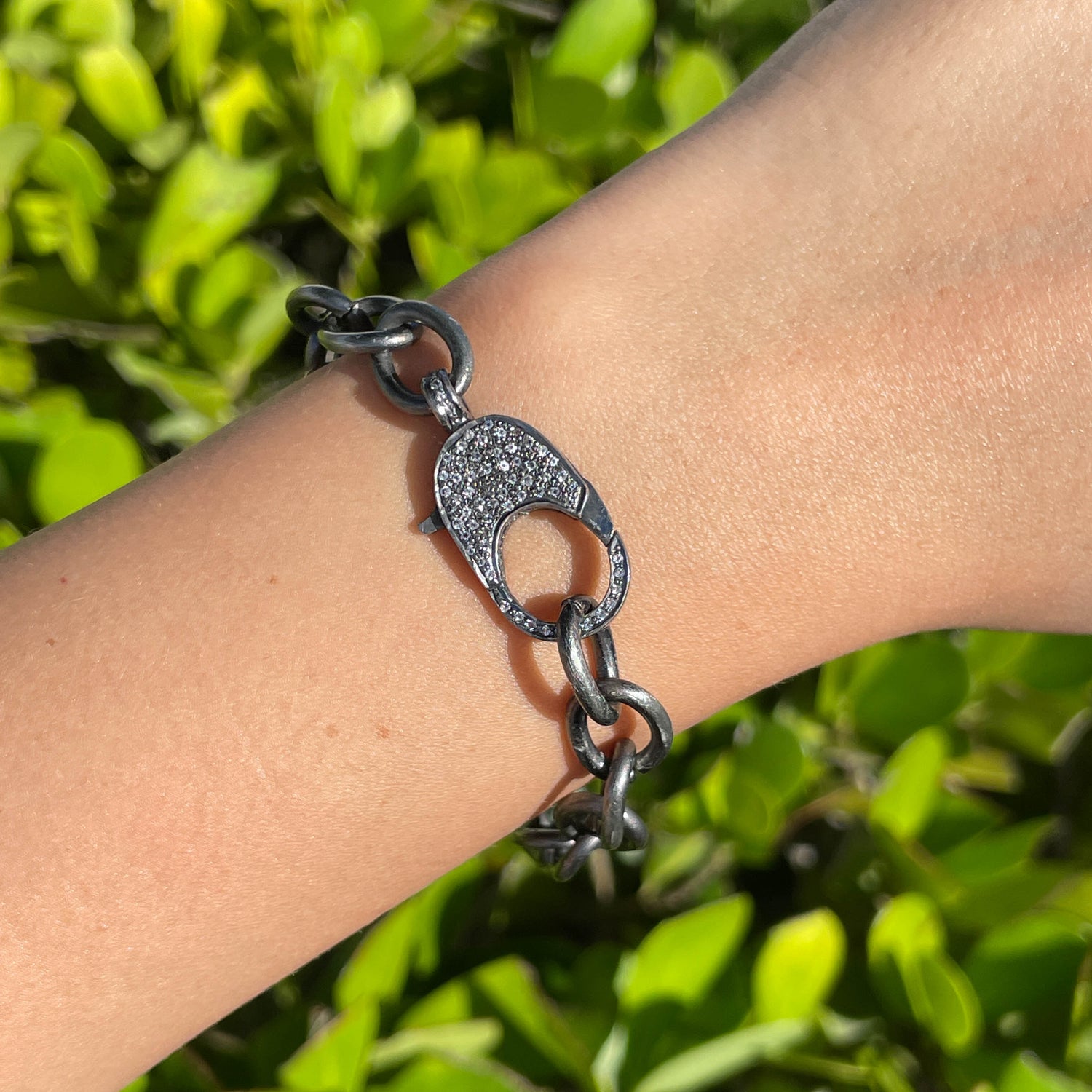 Jay Feder Silver Black Rhodium Large White Topaz Embellish Clasp Bracelet