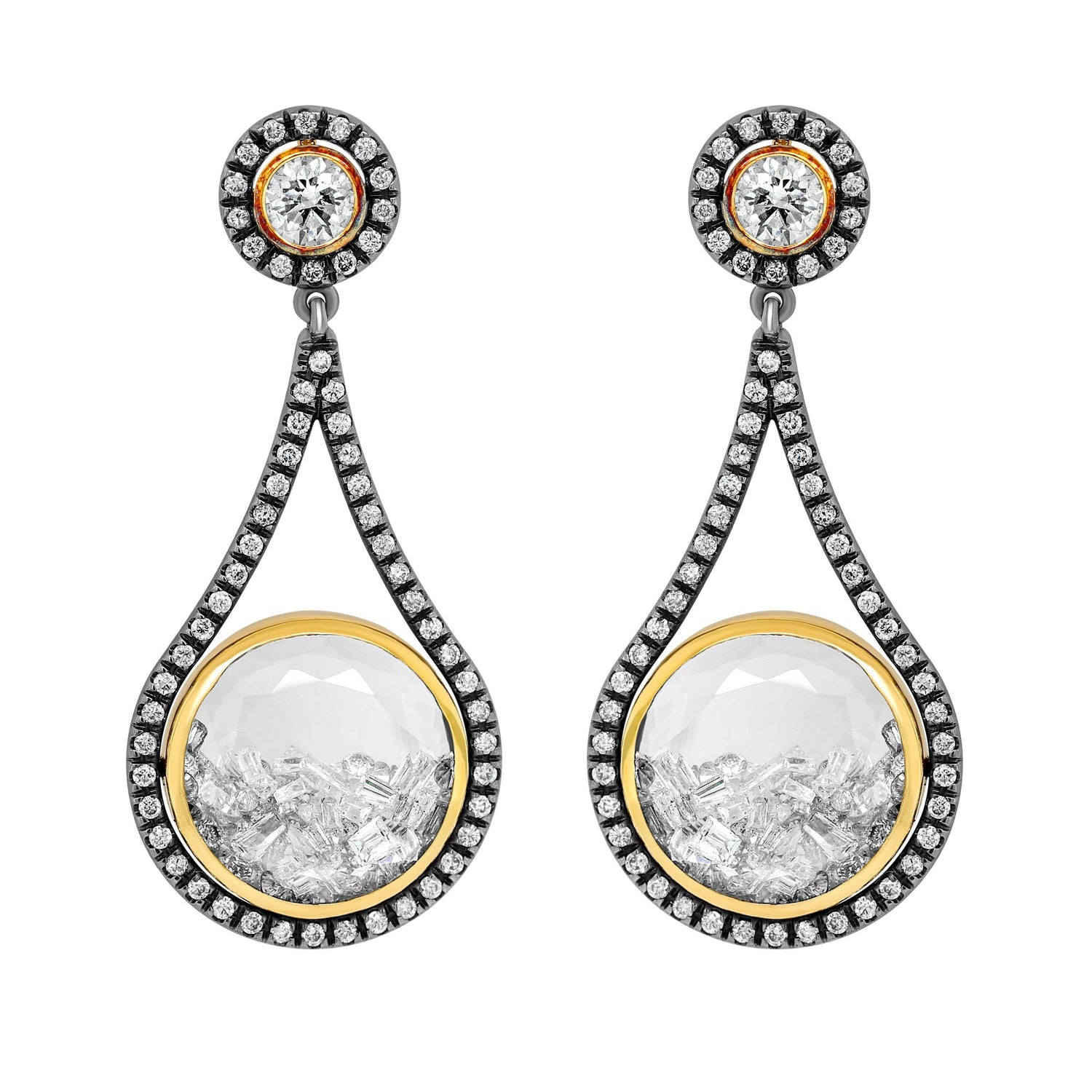 18K Yellow Gold Palladium Diamond Shaker Drop Earrings