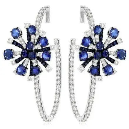 18k White Gold Sapphire Diamond Floral Hoop Earrings
