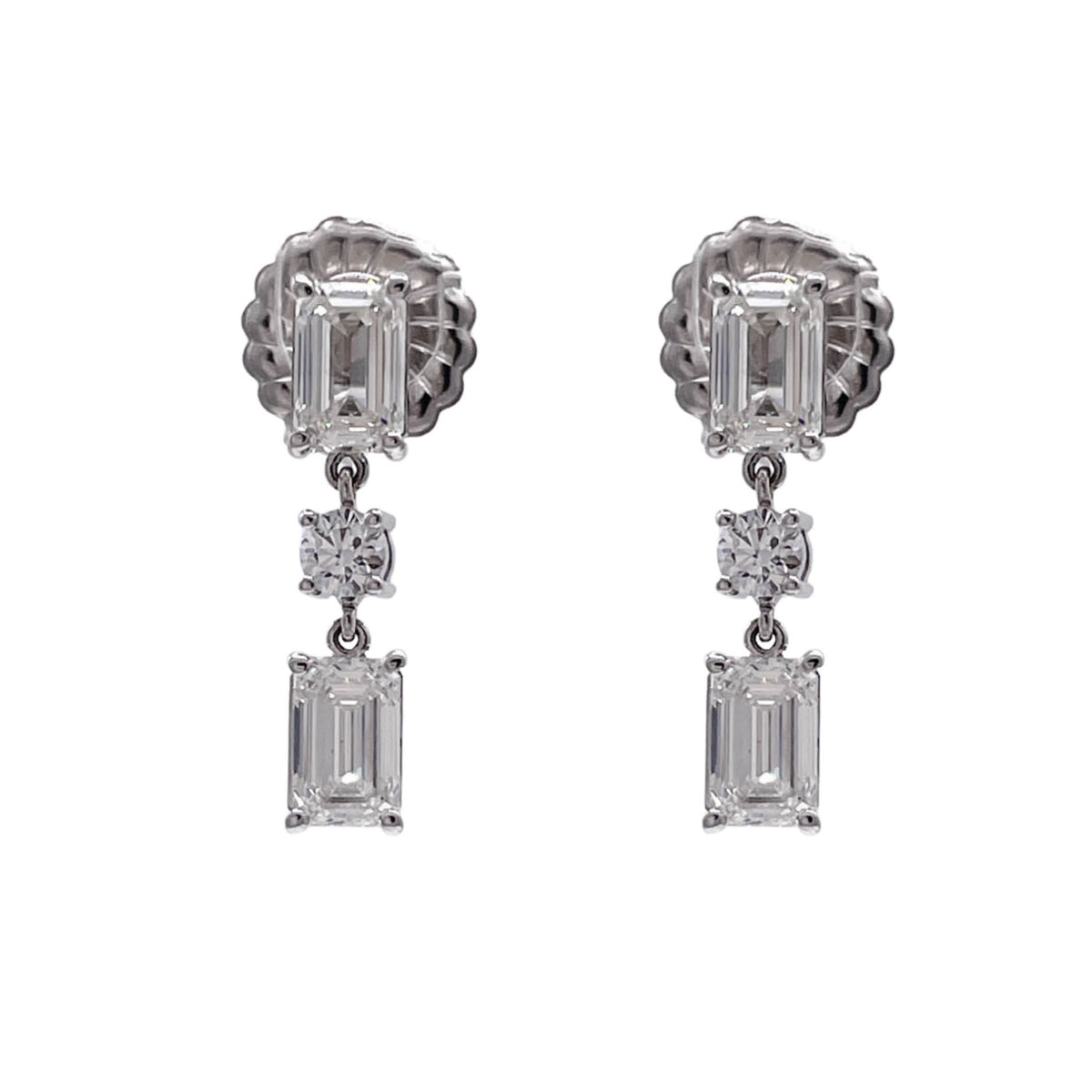 JAY FEDER 18K WHITE GOLD EMERALD CUT DIAMOND DANGLE EARRINGS