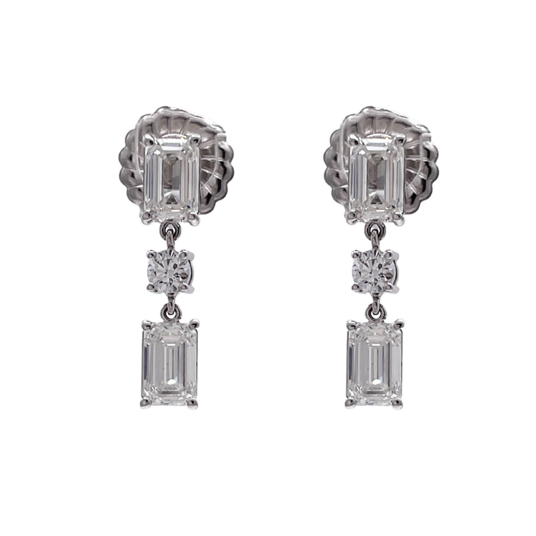 JAY FEDER 18K WHITE GOLD EMERALD CUT DIAMOND DANGLE EARRINGS