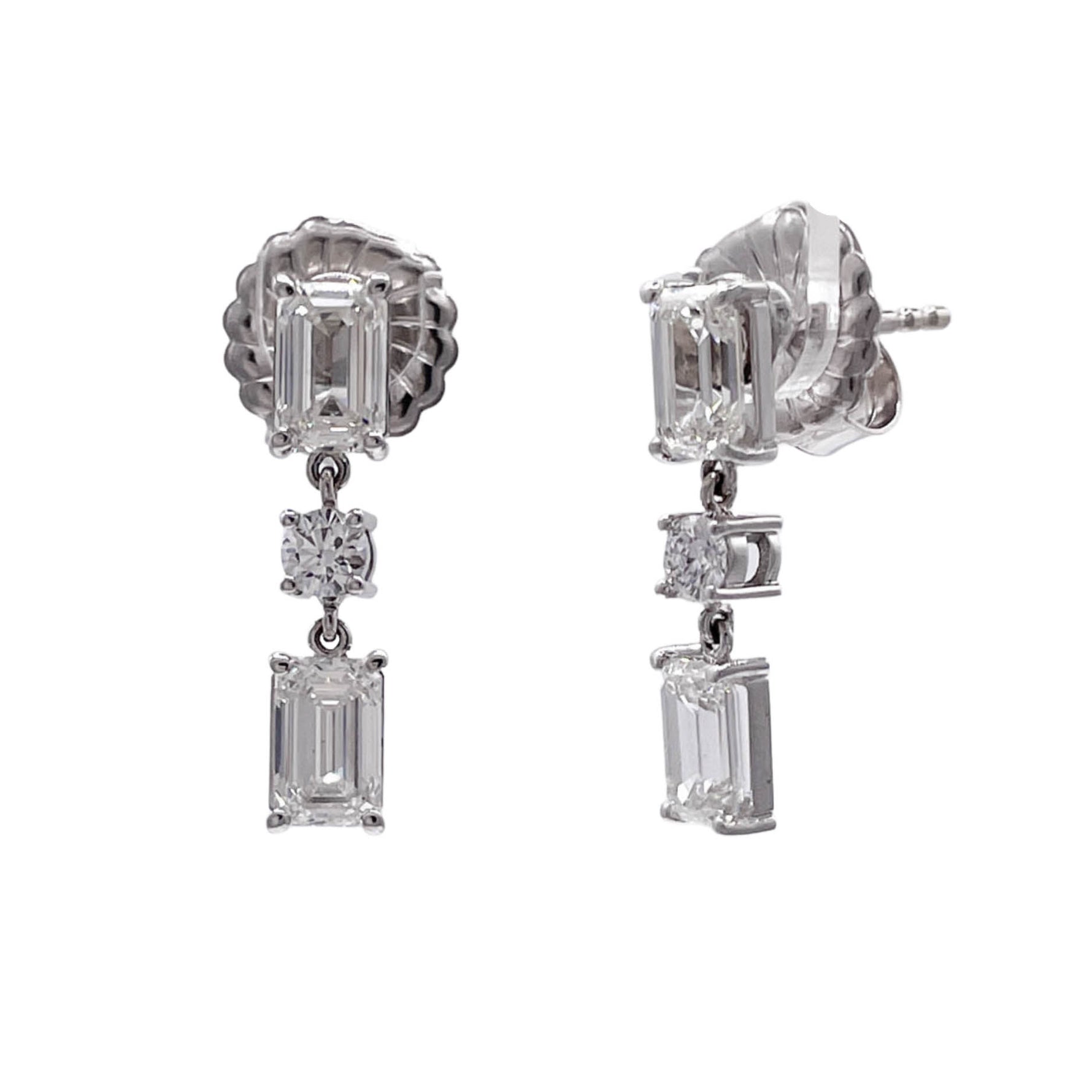 JAY FEDER 18K WHITE GOLD EMERALD CUT DIAMOND DANGLE EARRINGS