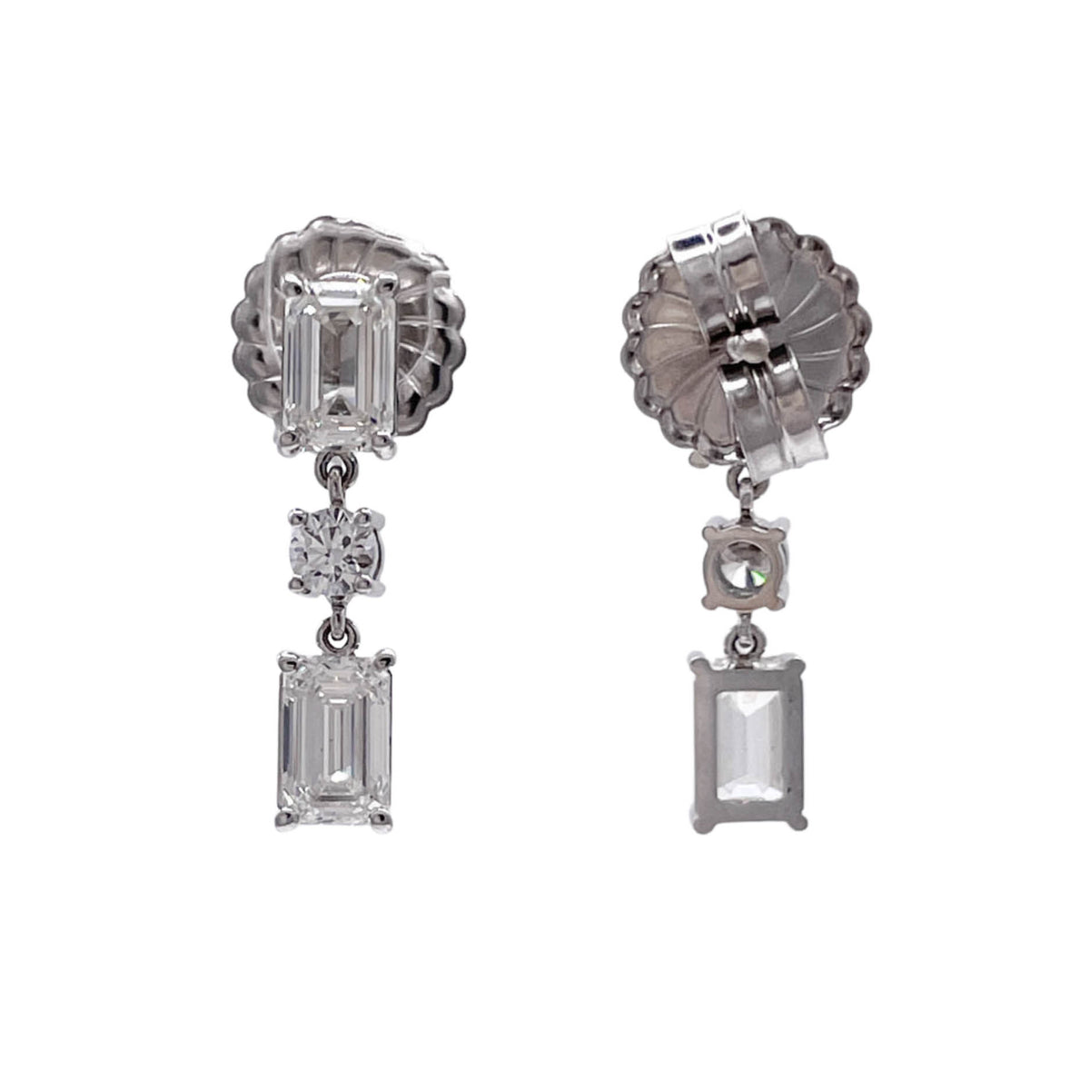 JAY FEDER 18K WHITE GOLD EMERALD CUT DIAMOND DANGLE EARRINGS
