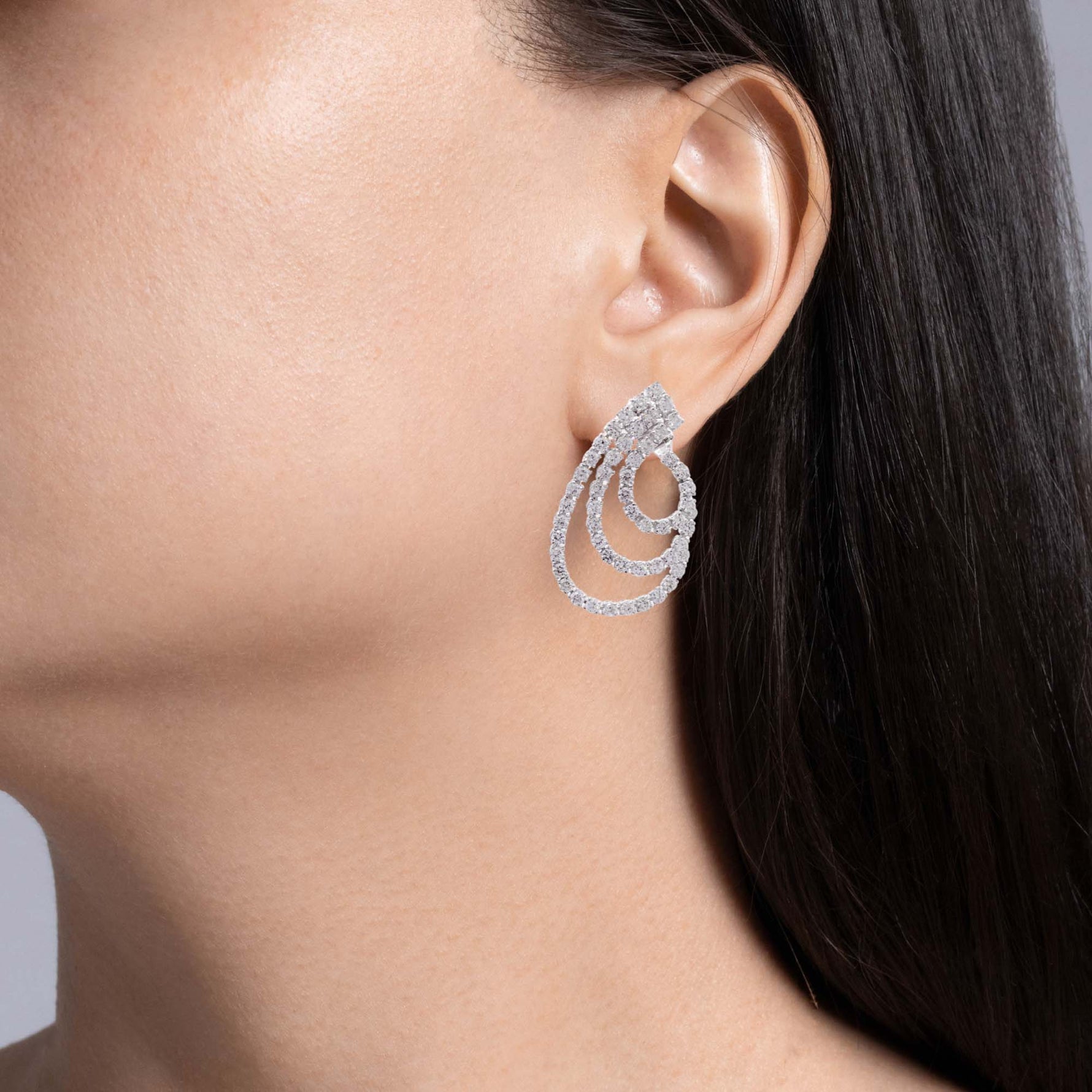 Jay Feder 18k White Gold Diamond 3 Row Swirl  Drop Earrings