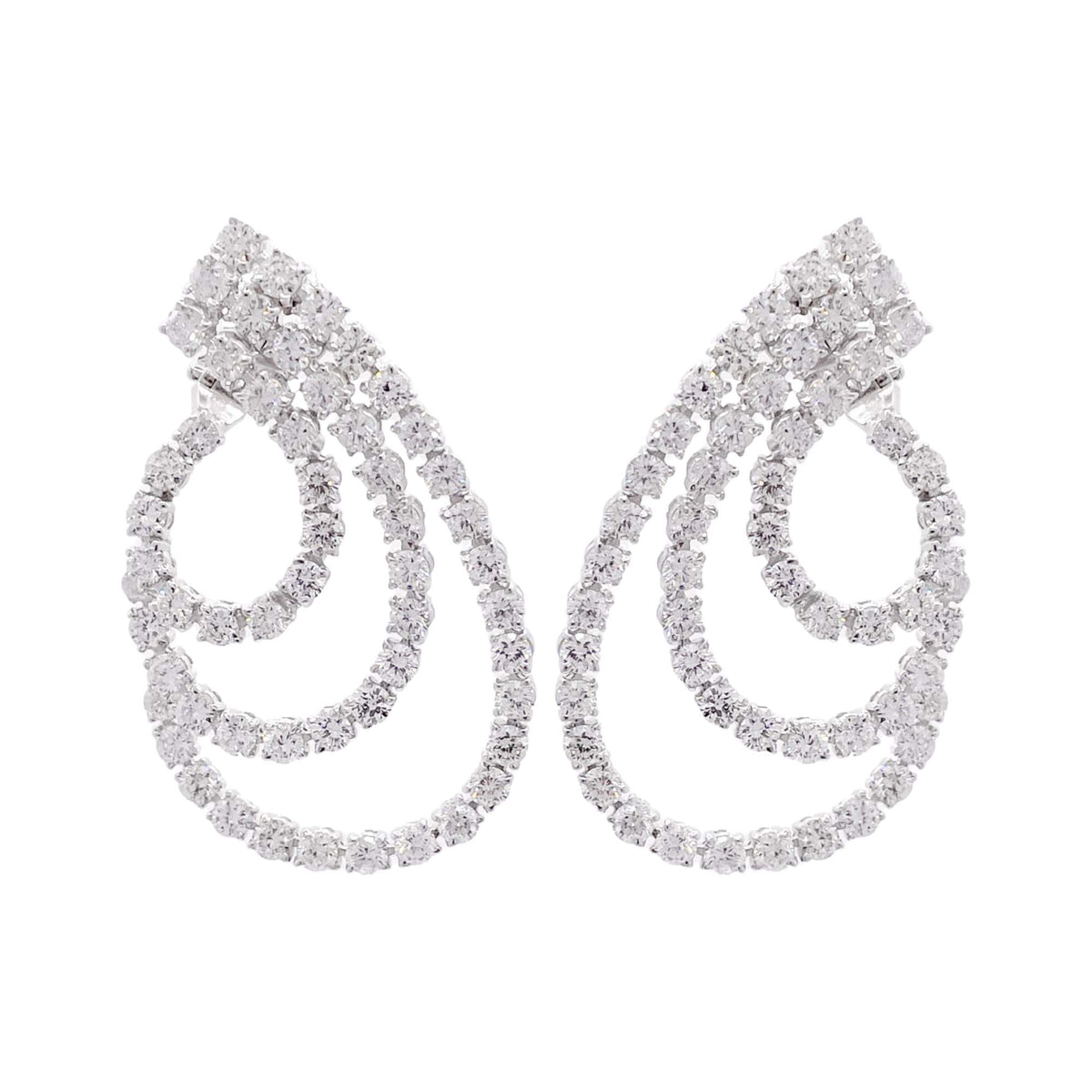 Jay Feder 18k White Gold Diamond 3 Row Swirl  Drop Earrings