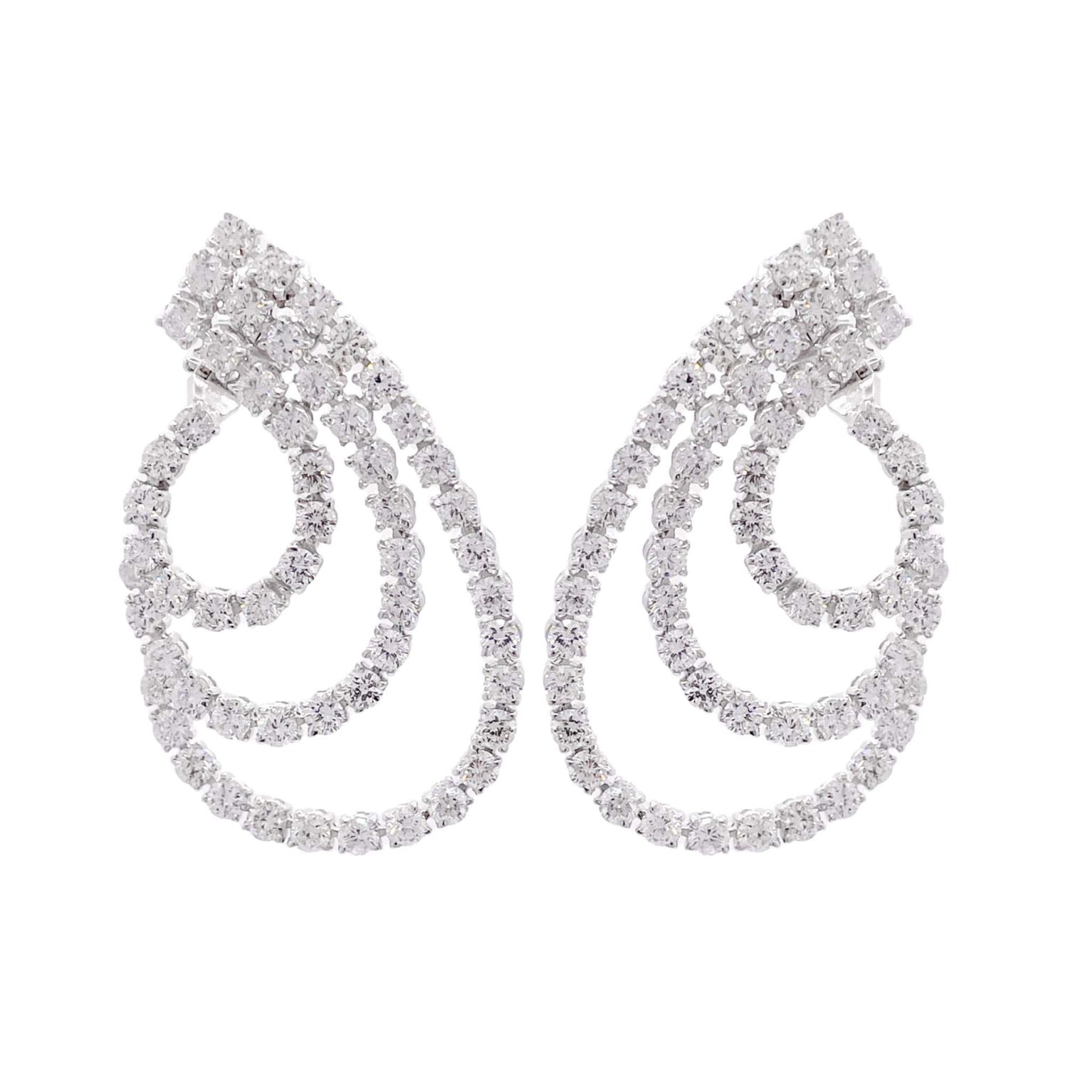 Jay Feder 18k White Gold Diamond 3 Row Swirl  Drop Earrings