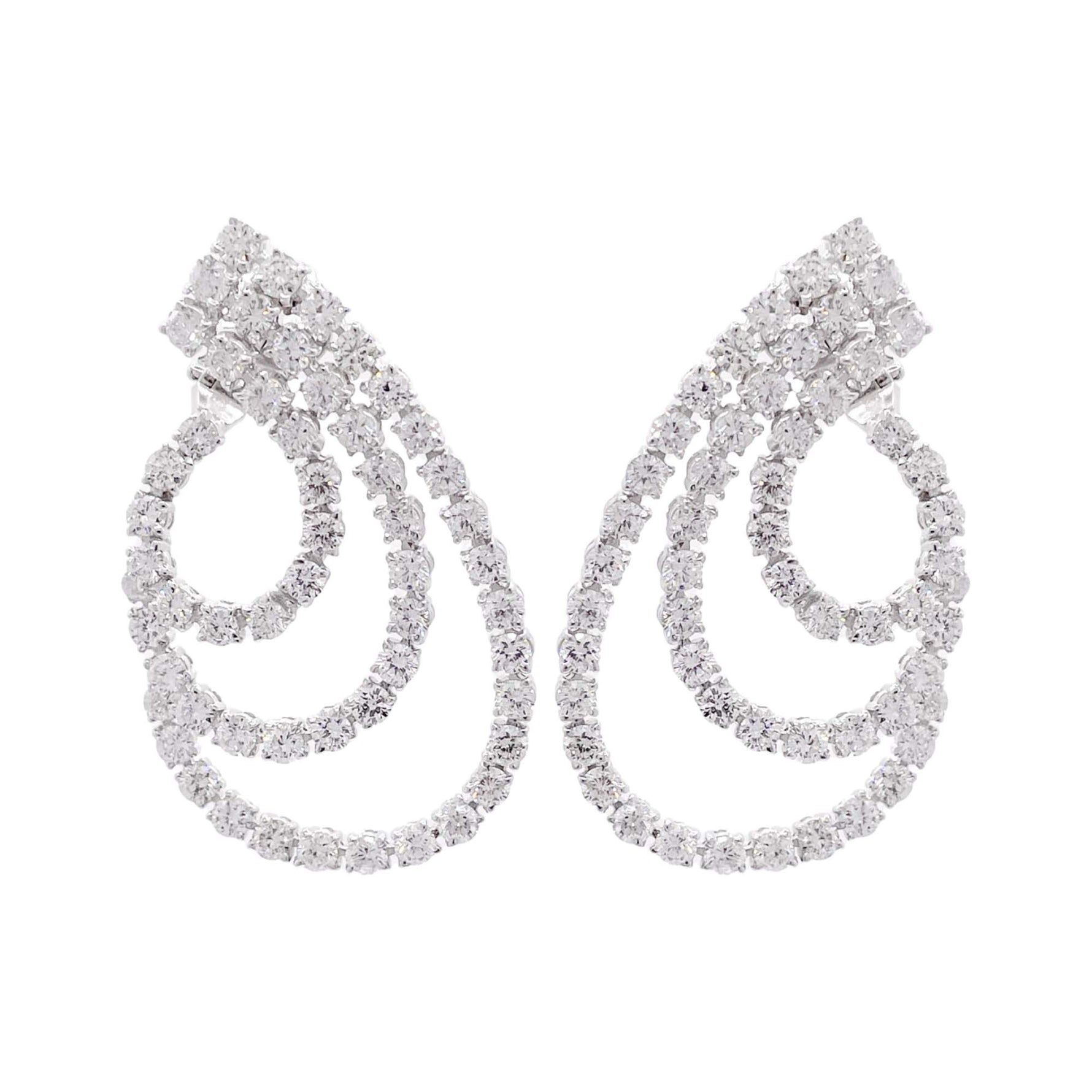 Jay Feder 18k White Gold Diamond 3 Row Swirl  Drop Earrings