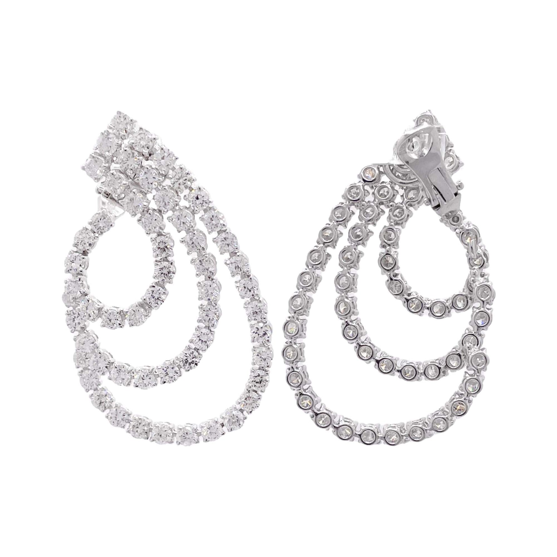 Jay Feder 18k White Gold Diamond 3 Row Swirl  Drop Earrings