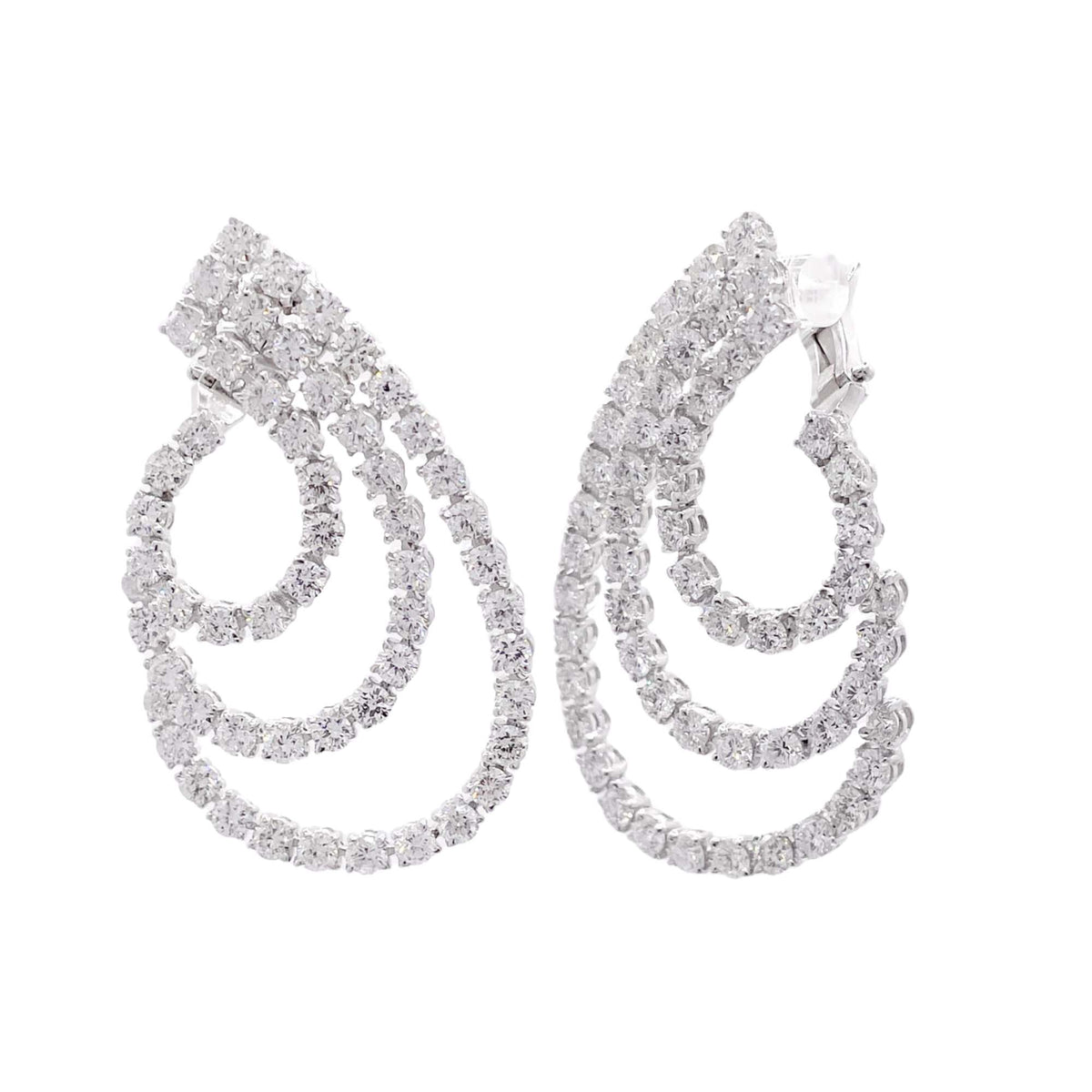 Jay Feder 18k White Gold Diamond 3 Row Swirl  Drop Earrings