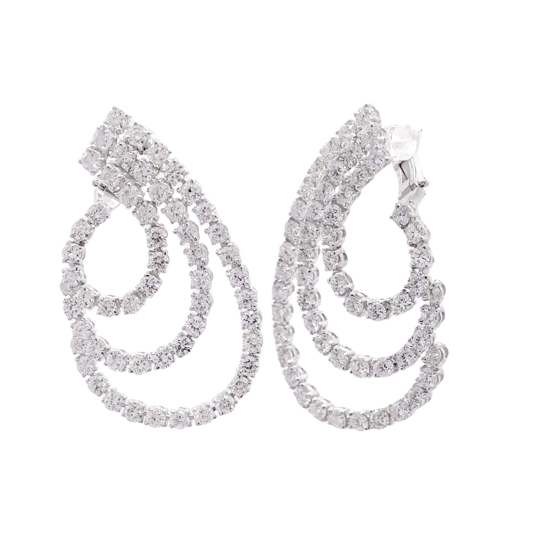 Jay Feder 18k White Gold Diamond 3 Row Swirl  Drop Earrings