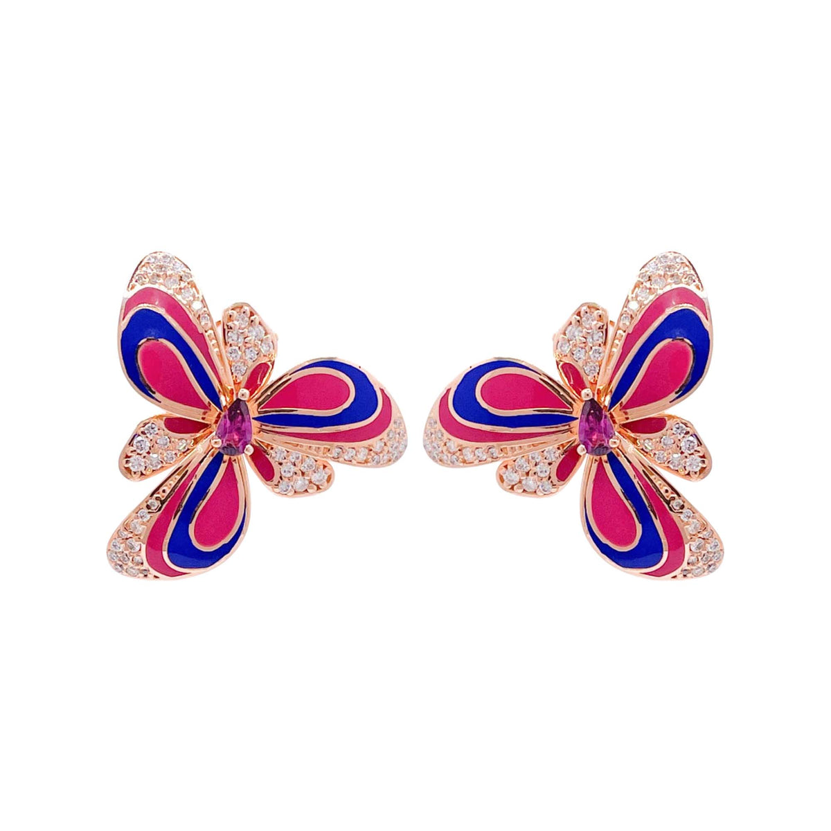 Jay Feder 18k Rose Gold Diamond Enamel Flower Earrings